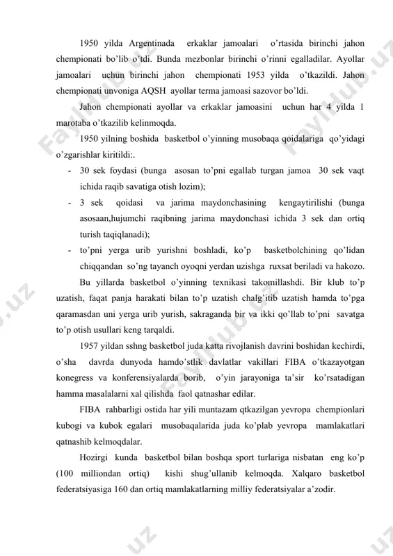 b km uzoqda joylashgan okeani orollariga ham yetib bormoqda. hozir basketbol afrikaning 34 dan ortiq mamlakat aholisining sevimli o’yiniga aylangan. 21 olimpiada o’yinlari dasturida (1976, monerial) basketbol bo’yicha ayollar bellashuvini kiritilishi o’yinning bundan keyingi rivojanishiga katta ta’sir ko’rsatadi. o’zbekistonda basketbolning rivojlanishi. o’zbekiston hududida basketbol 1913g’14 yillarda tarqala boshlanganligi haqida ma’lumotlar bor. ammo, o’lkamizda faqat 1917 yildan kein chinikkam rivojlana bordi. o’zbek sportchilarining basketbol bilan tanishishi vseovuch vakili l.d. barxashning nomi bilan bog’liq. u 1920 yilda farg’onada basketbol jamoalarini tashkil qilib ularni qoidalari bilan tanishtirdi. basketbol 28x16 m li maydonchada har jamoada 9 kishidan iborat bo’lib o’ynaydilar. maydoncha chiziqlar bilan 3 qismga bo’linib, basketbolchilar 3 himoyachi, 3 yarim himoyachi va 3 hujumchiga ajratilar edi. ular to’pni savatga ikki qo’llab, pastdan otar edilar. toshkentda basketbol jamoasini vseovuch instruktori s.stariy tashkil qildi. r.taranov, a. bagachenkov, yu. beloserkovskiylar bu komanlaga a’zo edilar. basketbol seksiyalari keyinchalik namangan, samarqand va o’rta osiyodagi boshqa shaxslarning fabrika, zavod …