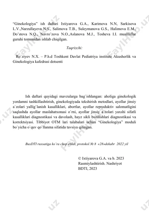 ________________________________________________________________________________________________________________________________________________________________________________________________ o’smir qizlar dispanserizatsiyasi ____________________________________________________________________________________________________________________________________________________________________________________________________________________________________________ ko’ruv xonasi _________________________________________________________________________________________________________________________________________________________________________________ ayollarga konsultatsiya berishning vazifalarini sanang 1)__________________________________________________ 2)__________________________________________________ 3)__________________________________________________ 4)__________________________________________________ 5)__________________________________________________ ginekologik bo’limning asosiy vazifalalrini sanang. 1)__________________________________________________ 2)__________________________________________________ 3)__________________________________________________ 4)__________________________________________________ 5)__________________________________________________ ginekologik bo’limga gospitalizatsiya qilishga asosiy ko’rsatmalarni sanang 1)__________________________________________________ 2)__________________________________________________ 3)__________________________________________________ 4)__________________________________________________ 5)__________________________________________________ 1. аyollar jinsiy organlari anatomiyasi 2. tashqi 3. ichki ginekologik tekshirish usullari umumklinik maxsus 4. jadvalni to’ldiring 5. ginekologik ko’rik ketma-ketligini yozing _____________________________________________________________________________________________________________________________________________________________________________________________