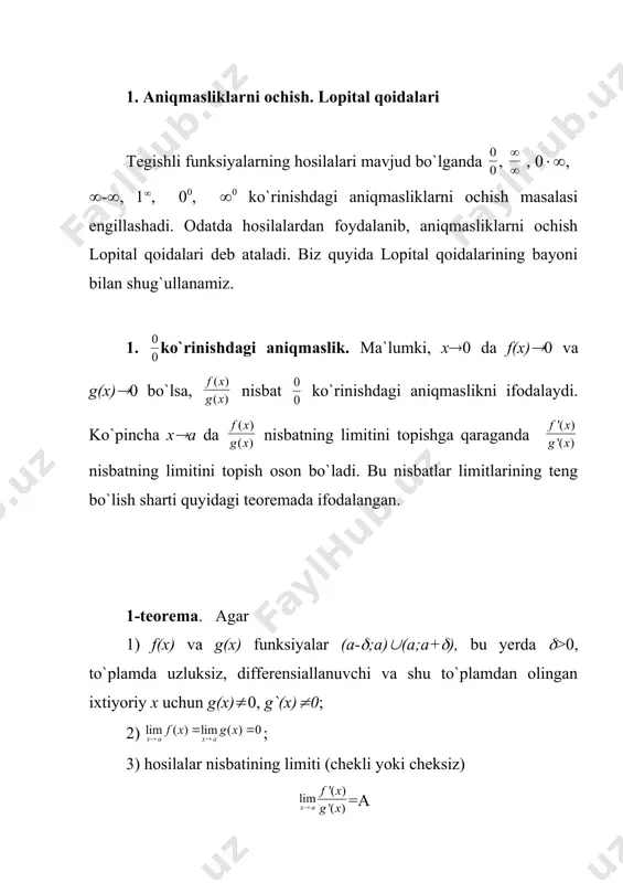 i. avval x>a holni qaraymiz. berilgan f(x) va g(x) funksiyalar [a;x], bu yerda x 0 sonni olsak ham shunday n>0 son topilib, x(n bo`lganda (2.3) tengsizliklar bajariladi. umumiylikni cheklamagan holda n>a deb olishimiz mumkin. u holda x(n tengsizlikdan x((a;() kelib chiqadi. aytaylik x>n bo`lsin. u holda [n;x] kesmada f(x) va g(x) funksiyalarga koshi teoremasini qo`llanib quyidagiga ega bo`lamiz: , bu yerda n n bo`lganligi sababli x=c da (2.3) tengsizliklar o`rinli: , bundan esa tengsizliklarga ega bo`lamiz. teorema shartiga ko`ra f(n) va g(n) lar esa chekli sonlar. shu sababli x ning yetarlicha katta qiymatlarida kasr kasrdan istalgancha kam farq qiladi. u holda shunday m soni topilib, x(m larda (-( 0 son uchun shunday m soni mavjudki, barcha x(m larda (2.4) tenglik o`rinli bo`ladi, bu esa =( ekanligini anglatadi. teorema isbot bo`ldi. yuqorida isbotlangan teorema x(a (a-son) holda ham o`rinli. buni isbotlash uchun t= almashtirish bajarish yetarli. misol. ushbu limitni hisoblang. yechish. …