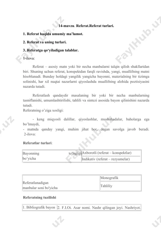 ni nazarda tutadi. referatning o’ziga xosligi: - keng miqyosli dalillar, qiyoslashlar, mushohadalar, baholarga ega bo’lmaydi, - matnda qanday yangi, muhim jihat bor, degan savolga javob beradi. 2-ilova: referatlar turlari: bayonning to'liqligi bo’yicha axborotli (referat – konspektlar) indikativ (referat – rezyumelar) referatlanadigan manbalar soni bo'yicha monografik tahliliy referatning tuzilishi 1. bibliografik bayon 2. f.i.oi. asar nomi. nashr qilingan joyi. nashriyot. yil. sahifalar soni. 2.referat matni - mavzu, muammo; referat qilinadigan ishning predmeti, maqsadlari va tuzilishi. -qisqacha mazmuni. -aniq natijalari. -muallif xulosalari - ish natijalari qo’llaniladigan soha. referat diqqat-e’tiborni yangi ma’lumotlarga qaratadi va boshlang’ich matnga murojaat etishning maqsadga muvofiqligini belgilaydi! 3-ilova: o‘quv fani bo'yicha referatlarning tayyorlanishi o'qishda quyidagi natijalarga erishishni nazarda tutadi: - o'quv fanining dolzarb nazariy masalalari bo'yicha bilimlarning chuqurlashuvi, ushbu bilimlarning siz tanlagan mavzuga ijodiy qo'llanilishi. - tanlangan kasbiy sohadagi xorijiy tajribaning o'zlashtirilishi, undan mamlakat sharoitida, sizning kelgusidagi kasbiy faoliyatingizda amalda qo'llanish imkoniyatlari va muammolarining o'rganilishi. - tanlangan mavzu bo'yicha …