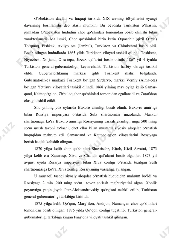 ‘rtasida tuzilgan sulh shartnomasiga ko‘ra, xiva xonligi rossiyaning vassaliga aylangan. u mustaqil tashqi siyosiy aloqalar o‘rnatish huquqidan mahrum bo‘ldi va rossiyaga 2 mln. 200 ming so‘m tovon to‘lash majburiyatini olgan. xonlik poytaxtiga yaqin joyda petr-aleksandrovskiy qo‘rg‘oni tashkil etilib, turkiston general-gubernatorligi tarkibiga kiritildi. 1875 yilga kelib qo‘qon, marg‘ilon, andijon, namangan chor qo‘shinlari tomonidan bosib olingan. 1876 yilda qo‘qon xonligi tugatilib, turkiston general-gubernatorligi tarkibiga kirgan farg‘ona viloyati tashkil qilingan. chor hukumatining puxta o‘ylab, aniq reja asosida izchillik bilan olib borgan mustamlakachilik siyosati tufayli o‘rta osiyo rossiyaning xom ashyo manbaiga va tayyor mahsulotlar bozoriga" aylantirilgan. dastlabki davrdayoq o‘lkadagi oltin, neft, ko‘mir va boshqa yer osti qazilma boyliklarini qidirib topish ishlarini qizitib yuborishgan. o‘rta osiyo tillasi, paxtasi, qorako‘li, pillasi, turli quruq va xo‘l mevasi rossiya san’atining asosiy xom ashyosiga aylangan. turkistonda mustamlaka va boshqaruv idoralari, huquq tizimining shakllanigan bosqichma-bosqich amalga oshirilgan. turkiston viloyatini boshqarish, hududda chor hukumatining mustamlakachilik siyosatini amalga oshirish jarayonida shakllangan munosabatlarni …