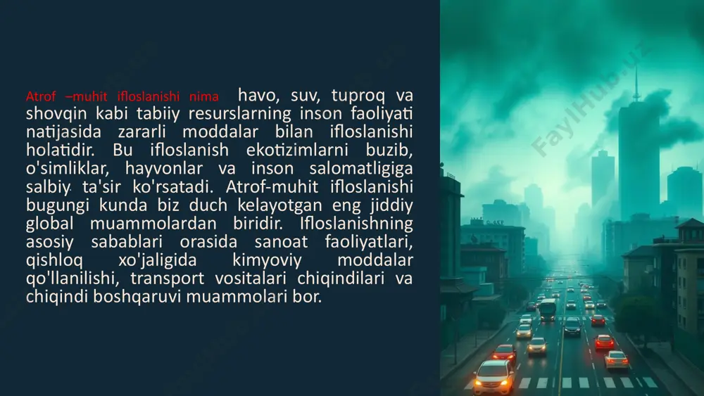 ridan foydalanish suv va tuproq ifloslanishini kamaytiradi. jamoat transporti va transport muqobillari: shaxsiy avtomobillardan foydalanishni kamaytirish, jamoat transport vositalaridan foydalanish va velosiped kabi atrof-muhitga do'st transport usullarini tanlash, havo ifloslanishini kamaytirishda samarali. ta'lim va xabardorlik yaratish: atrof-muhit ongini oshirish va odamlarni atrof-muhitni himoya qilishga o'rgatish, uzoq muddatda ifloslanishni kamaytirishda muhim rol o'ynaydi. 6 birgalikda harakat qilamiz atrof-muhit ifloslanishiga qarshi kurashish hammamizning zimmamizda. bizning harakatlarimiz kelajagimizga ta'sir qiladi! birgalikda harakat qilsak, toza va sog'lom atrof-muhitga ega bo'lishimiz mumkin. 7 image1.png image2.png image3.png image4.png image5.png image6.png image7.png image8.png