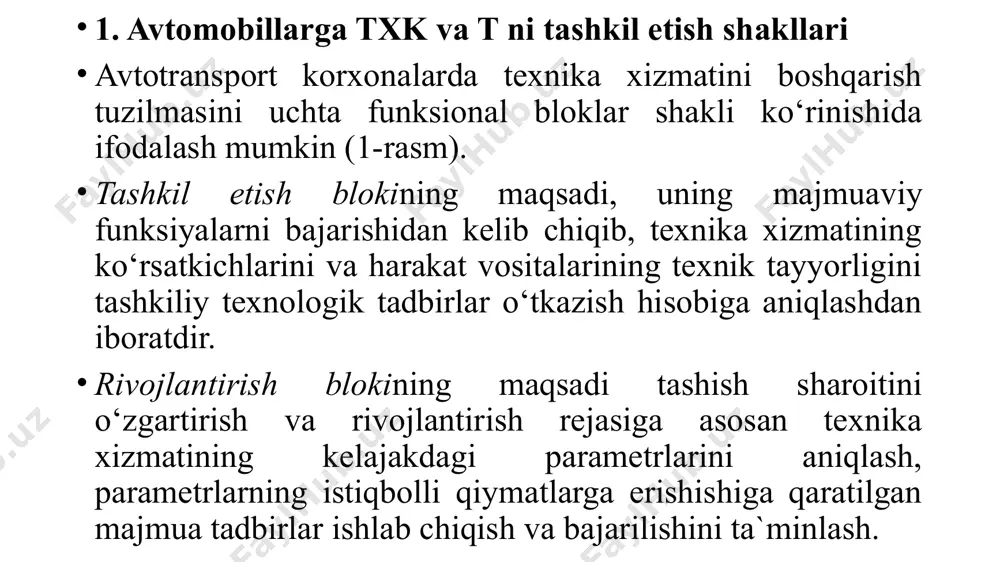 o‘liq ta`minlanmagan bo‘ladi, ammo brigadalar bunday sharoitda o‘zaro yordam ko‘rsatishdan manfaatdor bo‘lmaydilar. ishni bunday tashkil qilishda txk uchun javobgarlik yetarli emasligi saqlanadi. bundan tashqari bu usulda avtomobillarga texnik xizmat ko‘rsatishni oqimli tashkil qilish qiyinlashadi material texnika vositalari brigadalar bo‘yicha taqsimlanishi oqibatida ulardan samarali foydalanilmaydi. bu usulning muhim yutug‘i texnik xizmat ko‘rsatish va joriy ta`mirlash bo‘yicha bajarilgan ishlar sifatiga butun brigada javobgar hisoblanadi. 3. agregat-uchastka usulining mohiyati shundaki, avtotransport korxonasining harakatdagi tarkibiga txk va ta`mirlash bo‘yicha barcha ishlar bir yoki bir nechta agregatlarga (uzellar, mexanizmlar va tizimlar) txk va jt ishlarini bajarishga ma‘sul bo‘lgan ishlab chiqarish mintaqalari orasida taqsimilanadi. ishlab chiqarishni tashkil qilishning bunday shaklida mintaqalarga biriktirilgan agregat, uzel va tizimlarga texnik xizmat ko‘rsatish va ta`mirlash sifati uchun moddiy va ma‘naviy javobgarlik aniqlashadi. ishlab chiqarishni agregat-uchastka usulida tashkil qilishda avtomobil transporti korxonasi muhandis-texnika xizmati tuzilmasi 3-rasmda ko‘rsatilgan. 3-rasm. ishlab chiqarishni agregat-mintaqa usuli bilan tashkil qilishda atk muhandis-texnika xizmatining tuzilmasi bajariladigan ishlar …
