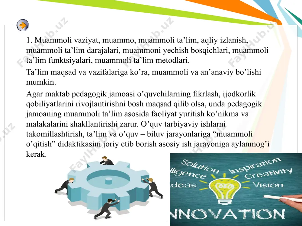 a o’qituvchi izlanish sohasini belgilaydi xolos, muammoga yaqinlashib boradi, lekin uning mazmuni yoki yechimini ko’rsatmaydi. o’quvchini mustaqil faoliyatga yo’naltiradi. muammo – ilmiy bilishni rivojlantirish zarurligini ifodalashning sub’ektiv shaklidir. o’qitish – shunday holatki, o’qituvchi o’z faoliyatida ta’lim mazmunini bayon qilishda qator muammoli vaziyatlarni keltiradi. bir vaqtda shu yangi bilimlarni o’zlashtirish jarayonida muammoni hal etishga undaydi. muammoli o’qish – o’quvchilar o’quv – biluv jarayonida muammoli vaziyatni tahlil etish, sintez qilish, umumlashtirish asosida uning yechimi bo’yicha takliflar, farazlar, keltiradilar, qarashlarning to’g’riligini isbotlashga harakat qiladilar. muammoli vaziyat – bu insonning intelektual qiyinchilikda paydo bo’lgan vaziyatdan chiqish jarayoni, bunda ma’lum va noma’lum faktlarga suyanib, maqsad sari intilish, vaziyatdan chiqa olishga ntilish, qiziqishlar orqali ijodkorlikka, pirovard natijani olishga intiladi. psixologlar tomonidan muammoli vaziyatlardan chiqishda sermahsul ishlay olish, chiqa olish ketma – ketligi aniqlangan. u quyidagi ko’rinishga ega: мuammoli vaziyat мuammo еchimini izlab topish natija (еchim) muammoli vaziyatlardan aqliy harakat orqali chiqish ketma – ketligi bir qancha …
