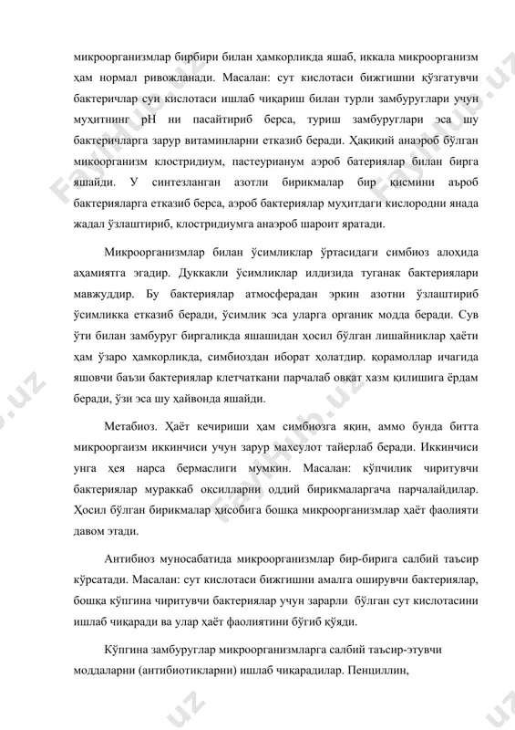 а олмас эдилар. микроблар олий даражали организмларга нисбатан температура шароитларига анча мослаша олади. юқори ва паст температуралар микроорганизмларга хар хил таъсир этади, бу организмлар юқори температураларга анча сезгирроқ бўлади. температуранинг максимумдан кўтарилиб кетиши микробларнинг ҳалок бўлишига олиб келади, чунки ҳужайралардаги оқсиллар ивиб, ферментлар шикастланади. ҳар хил материал ва нарсаларни стериллаш, яни юқумсизлантириш юқори температулар таъсиридан фойдаланишга асосланган. спора ҳосил қилувчи вирус ва бактериялар паст температураларга айниқса чидамли. кўпгина патоген бактериялар: гонококклар, менингококклар, оқиш спирохета, рикетсиялар паст температурага камроқ чидамли. қуритиш. микробларнинг ҳаёт фаолияти учун сув зарур, чун-ки озиқ моддалар бактерия ҳужайрасига фақат эриган ҳолда ўтади. микроорганизмлар кўпайиб бораётган субстратнинг намлиги 30% дан кам бўлса, кўпгина микробларнинг ривожланиши тўхтайди, лекин бунда уларнинг кўплари халок бўлмасдан, узоқ вақтгача сақланиб қолади. қуритишнинг микроорганизмларга ёмон таъсир қилишидан маҳсулотларни консервалашда фойдаланилади. нур энергияси. яшил ва қирмизи қизил олтингугурт бактерияларини айтмаганда, офтоб нурлари микроорганизмларга ҳалокатли таъсир этади. тик офтоб нурлари кўпчилик микробларни бир неча соат мобайнида …