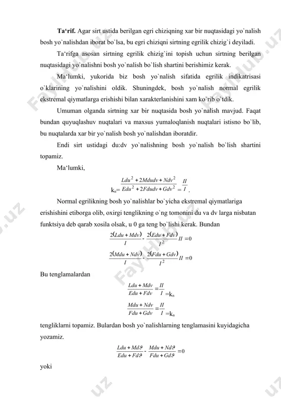 chiziqlari ortogonal bo`lsin. n2=1 dan nun=0 kelib chiqadi. yani nu vektor n ga perpendikulyardir. bundan nu vektorni ru va rv vektorlar bo`yicha yoyish mumkin, ya‘ni nu=(ru+(rv bu tenglikni rv ga skalyar ko`paytirib va rurv=0, nurv=-m=0 ekanini etiborga olsak, (=0 ni topamiz. endi bu tenglikni ru ga ko`paytirib, nuru=(ru2 ёки -l=(e ni topamiz. bundan (=kelib chikadi. bu esa u yo`nalish bo`yicha sirtning normal egriligidan iboratdir, yani kn ga teng. demak, nu=-knru bo`ladi. bu tenglik teoremani isbotlaydi. asosiy adabiyotlar: 1. александров а.д., нецветаев н.ю. геометрия. м.,наука,1990. 2. нарманов а.я. дифференциал геометрия. т. университет, 2003 3. погорелов а.в. дифференциальная геометрия. м.,1974. 4. нарманов а.я. ва бошқалар. умумий топологиядан машқ ва масалалар тўплами. т.университет, 1996. 5. сборник задач по дифференциальной геометрии. под ред. феденко а.с. м., 1979. 6.бакельман и.я., вернер а.л., кантор б.е. введение в дифференциальную геометрию в целом. м., наука, 1973. 7. собиров м.а., юсупов а.е. дифференциал геометрия курси. т., ўқитувчи, 1965. 8. …