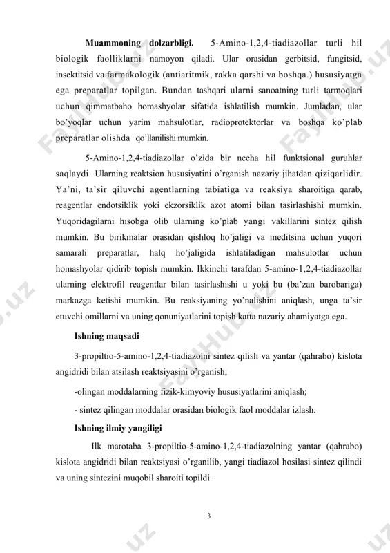 imyoviy o’zgarishlari 1,2,4-tiadiazollar qatorida ko’plab dorivor preparatlar [1-5], pestitsidlar [6-12], bo’yoqlar uchun hom ashyolar [13-16] va undan tashqari boshqa sohalarga kerakli qimmatbaho mahsulotlar topilgan. mazkur ish 3-propiltio-5-amino-1,2,4-tiadiazolning atsillash reaktsiyalariga bag’ishlangani tufayli biz ushbu adabiyot sharhini 5-amino-1,2,4tiadiazollarning sintezi va atsillash reaktsiyalariga ko’proq to’htalib, turli hil kimyoviy o’zgarishlarini qisqacha yoritishga harakat qildik. 1.1. 5-amino-1,2,4-tiadiazollar sintezi alkil(aril)izotiomochevinalarning natriy rodanidi bilan suvsiz metanoldagi aralashmasiga natriy metilati va brom ta’sir ettirish natijasida 3-alkil(aril)tio- 5-amino-1,2,4-tiadiazollar hosil bo’ladi [17]: r=ch3, ch3ch2, c6h5 izotiomochevinalar kabi, izomochevinalarning n-hlorli birikmalarining natriy rodanidi bilan o’zaro ta’siri natijasida 3-alkoksi-yoki-ariloksi-5-amino-1,2,4- tiadiazollar olingan [18]: n-(p-toluolsulfanilamidino)tiomochevina va n-(p-toluolsulfonilamido)-n-feniltiomochevinalar brom ta’sirida halqalanib, 5-amino(fenilamino)-3-(tiosulfonil-amido)-1,2,4-tiadiazollarni yuqori unum bilan hosil qiladi. bunday halqalanish nisbatan yuqori unum bilan piridin eritmasida arilsulfonilxlorid ishlatilganda ham kuzatiladi [19]. amidinotiomochevinalar bu usulda bir vaqtning o’zida halqalanish va atsillanish bilan sodir bo’lishi mumkin, bunda 5-amino-3-arilsulfonilamidi-1,2,4-tiadiazollar hosil bo’ladi [10]: tiomochevina va n,n’-dialmashgan tiomochevinalarning binar aralashmalari etanolda vodorod peroksid bilan vodorod hlorid ishtirokida oksidlanganda turli holatlarda har …