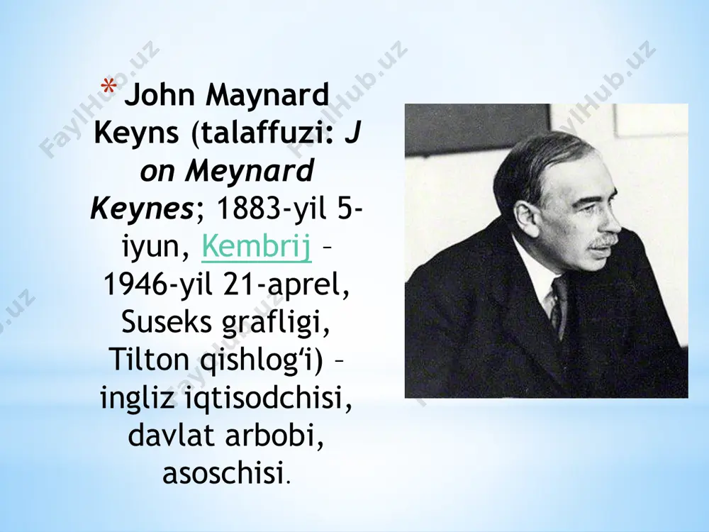 i bartaraf etish, chuqur iqtisodiy tangliklardan chiqish yoʻllarini izlash tarzida maydonga keldi. bu davrga kelib klassik siyosiy iqtisod maktablari va ulardan keyingi iqtisodchilarning bozorning toʻla samaradorligi va oʻz-oʻzini tartibga solish gʻoyalari amalda toʻla oʻz tasdigʻini topmadi. keynschilikning asosiy gʻoyasi — bozor iqtisodiy munosabatlari tizimi nomukammal, shu sababli maksimal darajada bandlikni va iqtisodiy oʻsishni faqat davlatning iqtisodiyotga aralashuvi taʼminlay oladi. keyns bozor iqtisodiyotidagi inqiroz va tangliklarning asosiy sababini shaxsiy isteʼmol buyumlari va i.ch. maqsadlaridagi mahsulotlarga „samarali talab“ (tadbirkorlarning eng yuqori foyda olinishini taʼminlaydigan talab)ning yetarli hajmda boʻlmasligida koʻradi va umumiy talab hajmini oshirish zarurligini koʻrsatadi. „samarali talab“ 2 omillar guruhiga — isteʼmol tovarlari bozori va i.ch. vositalari bozoriga bogʻliq. isteʼmol talabi hajmi „isteʼmolga moyillik“ va „asosiy ruhiyat qonuni“ bilan aniqlanadi. bu qonunga koʻra, jamiyatning ruhiyati shundayki, umumiy real daromad ortishi bilan umumiy isteʼmol ortadi, ammo bu oʻsish daromadlar oʻsishidan past boʻlgani sababli iqtisodiy oʻsishga yordam beradigan jamgʻarmalar hosil boʻladi. . keyns …