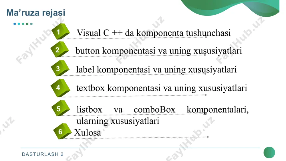 urlari uchun asos hisoblanadi. u barcha ilovalar tomonidan ishlatiladigan asosiy ma'lumotlar turlari uchun qo'llaniladigan sinflarni o'z ichiga oladi: object (meros qilib olingan sinflar ierarxiyasidagi asos sinf), byte, char, array, int32, string, collection va boshqalar. ushbu turlarning aksariyati dasturlash tilida ishlatiladigan birlamchi berilganlar turlaridir. quyidagi jadvalda c++ uchun ba'zi berilganlar turlari ro'yxati keltirilgan. dasturlash 2 c ++ uchun berilganlar turlari 7 berilganlar turlari sinf nomi ta'rifi butun son byte 8 bitli ishorasiz butun son sbyte 8 bitli ishorali butun son int16 16 bitli ishorali butun son int32 32 bitli ishorali butun son int64 64 bitli ishorali butun son uint16 16 bitli ishorasiz butun son uint32 32 bitli ishorasiz butun son uint64 64 bitli ishorasiz butun son haqiqiy son single birlamchi (32 bit) aniqlik bilan, suzuvchi nuqtali son double ikkilamchi (64 bit) aniqlik bilan suzuvchi nuqtali son mantiqiy boolean mantiqiy(bool) son (true yoki false) boshqa turlari char unicode (16-bit) belgi decimal o'nli …