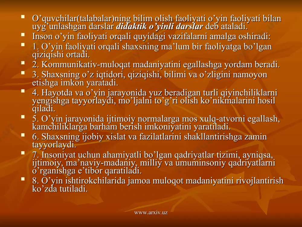 rollar, vazifalar; v) ushbu rollarni amalga oshirish uchun bajariladigan amallar(usullar); g) aniq o’yinlar yoki shartli ravishdadagi o’yin vositalaridan foydalanish; d) o’yin ishtirokchilari o’rtasidagi munosabat, muloqot. www.arxiv.uz www.arxiv.uz o’yin faoliyatining tarkibi: 1. o’yindan ko’zda tutilgan maqsadni aniqlash, loyihalash. 2. ushbu maqsadni amalga oshirish yo’llarini belgilash. 3. olingan natijalarni tahlil qilish. 4. o’yin strukturasiga tegishli o’zgartirishlar kiritish. didaktik o’yinli darslarning o’ziga xos xususiyatlari: didaktik o’yinli darslarning o’quvchi(talaba)larning bilim olish va o’yin faoliyati uyg’unligiga ko’ra turlari: 1. syujetli-rolli o’yinlar 2. ijodiy o’yinlar 3. ishbilarmonlar o’yini 4. konferentsiyalar 5. o’yin-mashqlar www.arxiv.uz www.arxiv.uz didaktik o’yinli darslarni o’tkazishda qo’yiladigan didaktik talablar: 1. dasturda qayd etilgan ta’limiy, tarbiyaviy, rivojlantiruvchi maqsad va vazifalarni hal qilishga qaratilgan bo’lishi. 2. muhim muammolarga bag’ishlanishi va ular o’yin davomida hal qilinishi. 3. barkamol inson shaxsini tarbiyalash tamoyillariga, sharqona odob-axloq normalariga mos kelishi. 4. o’yin strukturasi mantiqiy ketma-ketlikda bo’lishi. 5. mazkur darslarda didaktik printsiplarga amal qilinishi va eng kam vaqt sarflagan holda ulkan …