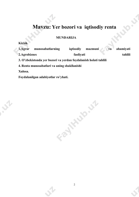 avzuni o'rganish orqali biz yer resurslaridan foydalanishning samaradorligini oshirish, ijtimoiy adolatni ta'minlash va ekologik barqarorlikni rivojlantirishga ko'maklashishimiz mumkin. kurs ishining maqsad va vazifalari: yer bozori va iqtisodiy renta mavzusining asosiy maqsadi — yer resurslarining samarali boshqarilishi va iqtisodiy rentaning paydo bo'lishini o'rganish orqali iqtisodiy o'sish va ijtimoiy farovonlikni ta'minlashda muhim omillarni aniqlashdir. 1.yer bozorining tushunchasi va tuzilishini tahlil qilish: yer bozorining qanday ishlashini, uning asosiy komponentlarini va funksiyalarini o'rganish. 2.iqtisodiy rentaning ta'rifi va turlarini aniqlash: iqtisodiy renta tushunchasining mohiyatini, uning turli shakllarini (ijara rentasi, monopol rentasi va boshqalar) ko'rib chiqish. 3.yer resurslarining qiymati va taqsimoti: yer resurslarining iqtisodiy qiymatini qanday aniqlanishi, taqsimoti va uning iqtisodiy o'sishga ta'sirini tahlil qilish. 4. tadqiqotlar va misollar: turli mamlakatlardagi yer bozori va iqtisodiy renta holatlarini misollar bilan tahlil qilish, ularning muvaffaqiyatli va muvaffaqiyatsiz tajribalarini ko'rib chiqish. 5.tavsiya va strategiyalar: yer resurslaridan samarali foydalanish uchun tavsiya va strategiyalar ishlab chiqish, bu orqali iqtisodiy rentaning oshishini …