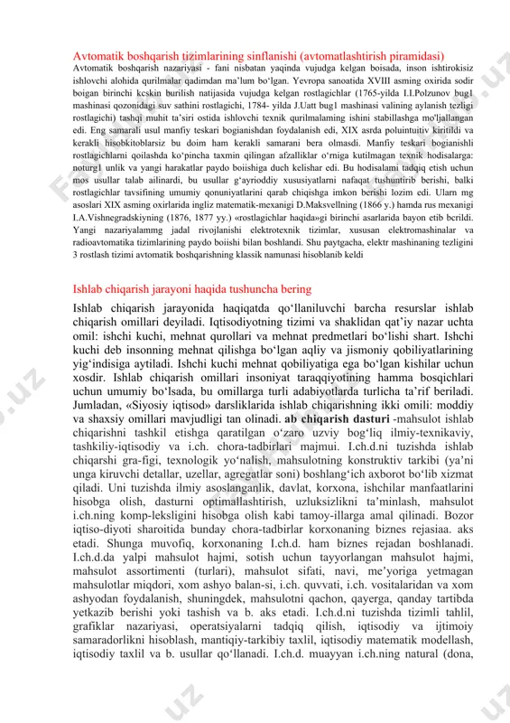 bilan maʼlum. boshqarish obyekti haqida tushuncha bering. boshqarish (iqtisodiyotda) — xoʻjalik obʼyektining iqtisodiy tizimi holatini tartibga solish va yoʻnaltirish jarayoni; subʼyektlar, idoralar tomonidan kishilar va iqtisodiy obʼyektlarga ongli maqsadga muvofiq taʼsir koʻrsatishni bildiradi, ularning faoliyatini yoʻnaltirish va koʻzlangan natijalarga erishish maqsadlarida amalga oshiriladi. b. usullari boshqariladigan obʼyektning oʻziga xos xususiyatlariga bogʻliq, lekin hamisha boshqaruv qarori tatbiq etiladigan davrni ajratib olishni nazarda tutadi. b. xoʻjalik faoliyati davrlari uchun ishlab chiqiladigan rejalarga muvofiq holda olib boriladi. b.ning iqtisodiy, maʼmuriy va ijtimoiyruxiy usullari mavjud. b.ning iqtisodiy usulidakutilganmaqsadlarga erishish uchun iqtisodiy vositalardan foydalaniladi. bu vositalar (rejalashtirish, texnikiqtisodiy taxlil, foyda, rentabellik, narx, kredit, moddiy ragʻbatlantirish, soliq va boshqa dastaklar)dan toʻgʻri foydalanish muhim oʻrin tutadi, ishlab chiqarish jamoasini tashkil etadigan kishilarning shaxsiy va guruhiy manfaatlarini yuzaga chiqarish orqali ularning samarali ishlashi taʼminlanadi (mas, ishchilarga qoʻshimcha ish haqi toʻlash, mukofotlar berish, bir yoʻla katta pul bilan takdirlash va boshqa ragʻbatlantirish choralari). b.ning maʼmuriy usuli buyruq va farmoyishlar …