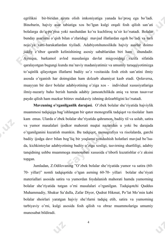 yatida hajviy obraz yaratish muammosi ham haligacha tadqiqotchilar e’tiboridan chetda qolib kelmoqda. matbuotda chop etilayotgan ayrim maqolalardagina bu masala xususida ba’zi fikr-mulohazalar o’rtaga tashlangan, xolos. shu bois, ushbu bitiruv malakaviy ishimizda o’tgan asrning 80-90-yillari o’zbek bolalar she’riyatidagi hajviy obraz yaratish muammosi badiiy mahorat nuqtayi nazaridan ilk bor tadqiq etilmoqda. bitiruv malakaviy ishining ilmiy-tadqiqot rejalari bilan bilan bog’liqligi. mazkur tadqiqot qarshi davlat universiteti o’zbek adabiyoti kafedrasining ”hozirgi o’zbek adabiyoti muammolari” mavzusidagi ilmiy-tadqiqot ishlari rejasi doirasida bajarildi. tadqiqotning maqsadi. bitiruv malakaviy ishning asosiy maqsadi xx asrning 80-90-yillari o’zbek bolalar she’riyatida hajviylikning o’ziga xos tabiati hamda ijodkorlarning hajviy obraz yaratish mahoratini tadqiq etishdan iboratdir. tadqiqot vazifalari. tadqiqot maqsadidan kelib chiqib, quyidagi vazifalarni amalga oshirish ko’zda tutilgan: · o’zbek bolalar she’riyatida hajviyotning o’ziga xos xususiyatlarini aniqlash; · o’zbek bolalar she’riyatida konsepsiyaning yangilanishi asosida hajviyaning yangicha mohiyat kasb etganini ko’rsatish; · hajviy obraz yaratish usullari va yo’nalishlarini belgilash; · hajviy obraz yaratishdagi poetik mahorat qirralarini …