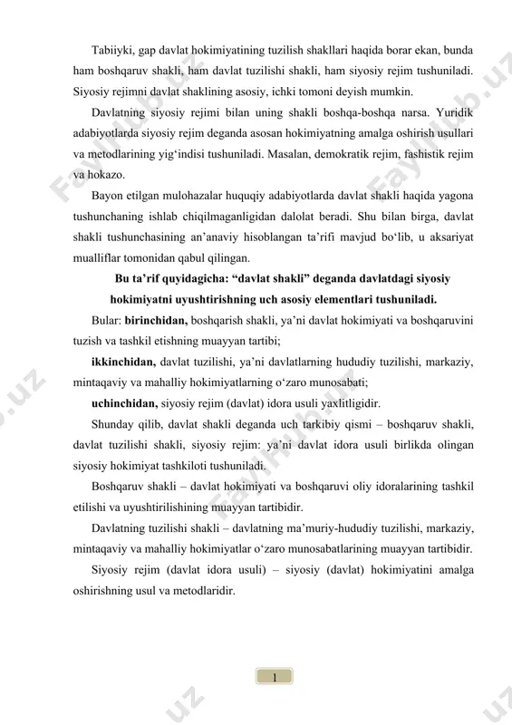 ni davlat idora usuli birlikda olingan siyosiy hokimiyat tashkiloti tushuniladi. boshqaruv shakli – davlat hokimiyati va boshqaruvi oliy idoralarining tashkil etilishi va uyushtirilishining muayyan tartibidir. davlatning tuzilishi shakli – davlatning ma’muriy-hududiy tuzilishi, markaziy, mintaqaviy va mahalliy hokimiyatlar o‘zaro munosabatlarining muayyan tartibidir. siyosiy rejim (davlat idora usuli) – siyosiy (davlat) hokimiyatini amalga oshirishning usul va metodlaridir. davlat boshqaruv shakli umumiy tushunchasi va uning mohiyati avvalambor, davlatni nazariy jihatdan tushunib yetishda boshqaruv shakli alohida o‘rin tutishini ta’kidlashni istardik. davlatga uyushgan jamiyatda davlat hokimiyatini kim va qanday amalga oshirishishini aynan shu shakl belgilab beradi. bu masala insoniyatni juda qadimdan qiziqtirib keladi. arastuning o‘zi, undan keyin aflotun ham qadimgi dunyoda davlat hokimiyatini tashkil etish va uni boshqarshining xilma-xil shakllarini o‘rganar ekanlar, bu davlatlarni kim va qanday boshqarishi, ya’ni boshqaruv shakli mezoni bo‘yicha davlatlar tasnifini ishlab chiqishga urinishgan. aynan shuning uchun, agar arastu va aflotun davrlarida nazariy siyesiy-huquqiy tafakkur boshqaruvning u yoki bu shaklini belgilab …