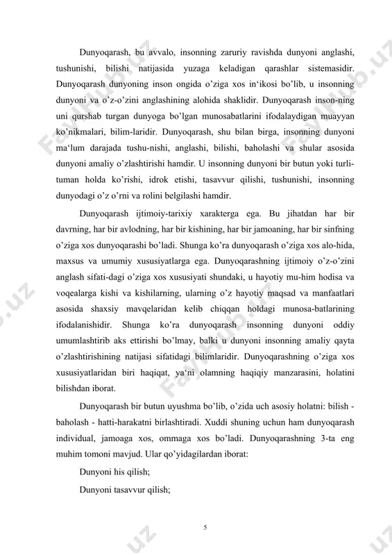 g’indisidan iborat bo’lmay, balki u butun insoniyat hayoti sharoitining anglab olinishini ham, butun qadriyatlar sistemasini ham, o’tmish obrazlari, hozirgi realliklarni, kelajakning mo’ljallarini ham o’z ichiga oladi. dunyoqarash, shu bilan birga, o’zida kishi-larning u yoki bu turmush tarzini mo’ljallashi yoki rad qilishi, ularning axloqiy yurish-turish me‘yorlaridan tortib, bir butun madaniyatgacha bo’lgan hamma ma‘naviyliklarni mujassam-lashtirgan bo’ladi. dunyoqarashda butun insoniyat hayotiga oid ma‘naviylik bilan bahramandlik, kishilarning insoniyat hayotining mazmunini anglash tajribasi, o’z taraqqiyotida nimalarnidir butunlay uloqtirib tashlash, nimalarnidir juda avaylab asrash kabi xususiyatlar ham bo’ladi. jamiyatning rivojlanib borishi bilan insonning amaliy bilish faoliyati ham rivojlanib boradi. bu o’z navbatida dunyoqarashning ham rivojlanishini taqozo qiladi. insonning dunyoni amaliy o’zlashtirishining o’zgarib bo-rishi bilan uning ongidagi in‘ikos bo’lgan dunyoqarash ham o’zgarib, rivojlanib, yangi-yangi tarixiy shakllari paydo bo’lib boradi. shunday qilib dunyoqarash-bilim va baho; aql va his-tuyg’u, dunyoni tushunish va uni his qilish, aql-farosat bilan isbotlash va ishonch, e‘tiqod va e‘tiqodsizlik, shaxsiy va ijtimoiy, individual va ommaviy, …
