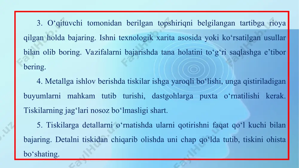 15-16-mavzu metallga ishlov berishda xavfsizlik texnikasi qoidalari 5-sinf - Page 4