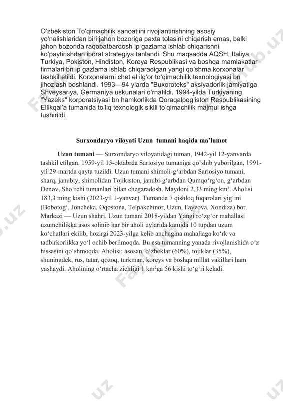 koʻrsatadi. uyushmalarda 620 dan ortiq fermer xoʻjaligi boʻlib, ular ham paxtachilik va gʻallachilik hamda chorvachilik bilan shugʻullanadi. shuningdek, 77,2 ming ga yer maydoniga ega boʻlgan oʻrmon xoʻjaligi hamda 6 ta suv havzasiga ega boʻlgan xususiy baliqchilik yoʻnalishi boʻyicha 4 fermer xoʻjaligi mavjud. tuman xoʻjaliklarida 5992 ga yerga paxta, 4231 ga yerga gʻalla ekiladi. 1665 ga yer bogʻ (2004). 2003/2004 oʻquv yilida 64 umumiy taʼlim maktabi (34,5 ming oʻquvchi), 2 isteʼdodli bolalar maktab internati (375 oʻquvchi), ixtisoslashtirilgan maktab internati (225 oʻquvchi), qishloq xoʻjaligi va maishiy xizmat koʻrsatish kasb hunar kollejlari (1,2 ming oʻquvchi),bolalar va o‘smirlar sport maktabi, bolalar musiqa maktabi, prezident maktabi faoliyat koʻrsatdi. 80 jamoat va bolalar kutubxonasi, 8 klub, uzun madaniyat uyi, „xotira va qadrlash“ madaniyat va istirohat bogʻi, muzey ishlab turibdi. „turon“ markaziy o‘yingohi, tennis korti bor. uzun tumanida 4 kasalxona (410 oʻrin), 21 ambulatoriya, 19 feldsher akusherlik punkti, 11 qishloq vrachlik punkti, ko‘plab xususiy dorixonalar va boshqa …