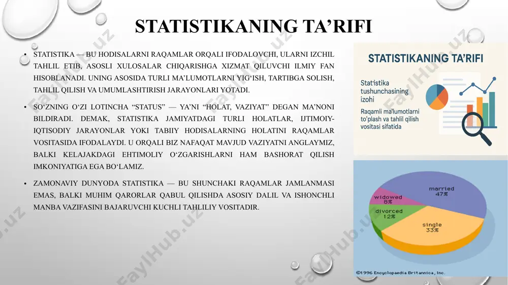 i bo‘ylar orqali ifodalaydi; doira diagramma — butunni foizlarda ko‘rsatish uchun ishlatiladi; chiziqli diagramma — vaqt davomida o‘zgarishni aniqlashda qo‘llaniladi. shuningdek, nuqtali, radial va kombinatsiyalangan diagrammalar ham mavjud bo‘lib, ular ma’lumot turiga qarab tanlanadi. statistika jarayonining bosqichlari statistik tahlil bu — aniq reja asosida bosqichma-bosqich amalga oshiriladigan jarayondir. uning ilk bosqichi — ma’lumot to‘plash, ya’ni o‘rganilayotgan hodisaga doir real raqamlar va faktlarni yig‘ishdan boshlanadi. bu bosqichda ishonchli manbalarni tanlash muhim ahamiyatga ega. keyingi bosqich — tizimlashtirish, ya’ni yig‘ilgan ma’lumotlarni tartibga solish, guruhlarga ajratish va ularni qayta ishlashdir. bu orqali ma’lumotlar tahlilga tayyor holga keltiriladi. shundan so‘ng, tahlil qilish bosqichi boshlanadi. bu yerda statistik usullar orqali ma’lumotlar chuqur o‘rganiladi, ularning o‘zaro bog‘liqligi aniqlanadi, o‘sish yoki kamayish tendensiyalari ko‘rib chiqiladi. so‘nggi bosqich — natijalarni talqin qilish, ya’ni olingan raqamlar asosida ilmiy va amaliy xulosalar chiqarishdir. bu jarayon tahlilni yakunlab, qaror qabul qilish uchun mustahkam asos yaratadi. dispersiya bu qiymatlarning o‘rtacha atrofida qanday …