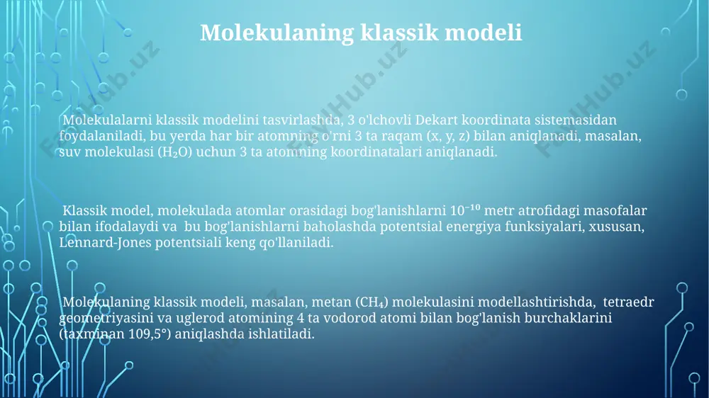 ch₄) molekulasida c-h bog'lanishining uzunligi taxminan 1,09 ångstrom bo'lib, bu qiymat xona harorati va standart bosim sharoitida o'lchanadi. suv (h₂o) molekulasidagi o-h bog'lanish uzunligi taxminan 0,96 ångstrom, va h-o-h bog'lanish burchagi 104,5 gradusni tashkil etadi, bu esa molekulaning egri shaklini belgilaydi. ammiak (nh₃) molekulasida n-h bog'lanish uzunligi 1,01 ångstrom atrofida, va n-h bog'lanishlari orasidagi burchak taxminan 107 gradus bo'lib, bu tetraedrsimon geometriyaga yaqin. e'tiboringiz uchun rahmat @taqdimot_robot image1.png image2.png image3.png image4.png image5.png