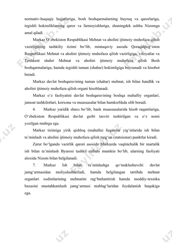 angan tartibda mehnat organlari xodimlarining mehnatini rag‘batlantirish hamda moddiy-texnika bazasini mustahkamlash jamg‘armasi mablag‘laridan foydalanish huqukiga ega. tuman (shahar) bandlikka ko‘maklashuvchi markazning asosiy vazifalari va funksiyalari 1. quyidagilar markazning asosiy vazifalari hisoblanadi: - ish bilan band bo‘lmagan aholi hisobi metodikasiga muvofiq, ishsizlar tizimli ravishda hisobga olib borilishini, ishga joylashishga muxtojlar, shuningdek, mavjud bo‘sh ish o‘rinlari to‘g‘risida ma’lumotlar banki shakllantirilishini ta’minlash; - ishsizlar, birinchi navbatda yoshlar, xotin-kizlar va aholining boshqa ijtimoiy extiyojmand toifalarini ishga joylashtirishga ko‘maklashish; - aholi bandligining samarali shakllarini rivojlantirish, jumladan kasanachilik mehnatini joriy etish, mustaqil ish bilan bandlik, shu jumladan shaxsiy yordamchi va dehqon xo‘jaliklarida qoramol boqish hamda boshqa turdagi ish bilan bandlikni rag‘batlantirish; - ishsizlarni kasbga tayyorlash va qayta tayyorlashni tashkil qilish, ularni ijtimoiy ko‘llab-quvvatlash bo‘yicha qonun hujjatlarida nazarda tutilgan chora-tadbirlarni amalga oshirish, haq to‘lanadigan jamoat ishlarini kengaytirish; - ish beruvchilar tomonidan mehnatga oid qonun hujjatlariga, shuningdek mehnat muhofazasi va shart-sharoitlari sohasidagi normativ huquqiy hujjatlarga rioya etilishini nazorat …