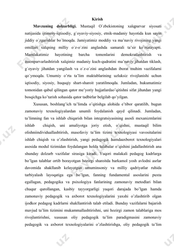 fanning fundamental asoslarini puxta egallagan, pedagogika va psixologiya fanlarining zamonaviy metodlari bilan chuqur qurollangan, kasbiy tayyorgarligi yuqori darajada bo’lgan hamda zamonaviy pedagogik va axborot texnologiyalarini yaxshi o’zlashtirib olgan ijodkor pedagog kadrlarni shakllantirish talab etiladi. bunday vazifalarni bajarish mavjud ta’lim tizimini mukammallashtirishni, uni hozirgi zamon talablariga mos rivojlantirishni, xususan oliy pedagogik ta’lim paradigmasini zamonaviy pedagogik va axborot texnologiyalarini o’zlashtirishga, oliy pedagogik ta’lim muassasalarida mutaxassislikka oid fundamental bilimlarni mustahkam egallashga qodir pedagoglar tayyorlashga yo’naltirishni taqozo etadi. darhaqiqat, yangilangan ta’lim tizimini joriy etishda har bir o’qituvchi o’zining faniga va barkamol avlod ta’lim-tarbiyasiga oid axborotlarni muntazam o’rgana borib, ularni o’z mehnat faoliyatida izchil qo’llay bilish mahorati oqibatidagina ta’lim-tarbiya jarayonini zamon talablari darajasida tashkil eta olishi mumkinligi sir emas. bu esa ta’lim va tarbiya ishini uyg`un holda olib borishni talab etadi. kurs ishining maqsadi: tarbiya jarayonida o‘qituvchining muomalasidagi muammolarni bartaraf etish yo‘llarini tahlil qilishdan iborat kurs ishining ob’ekti: tarbiya jarayonida o‘qituvchining muomalasidagi muammolarni bartaraf etish …
