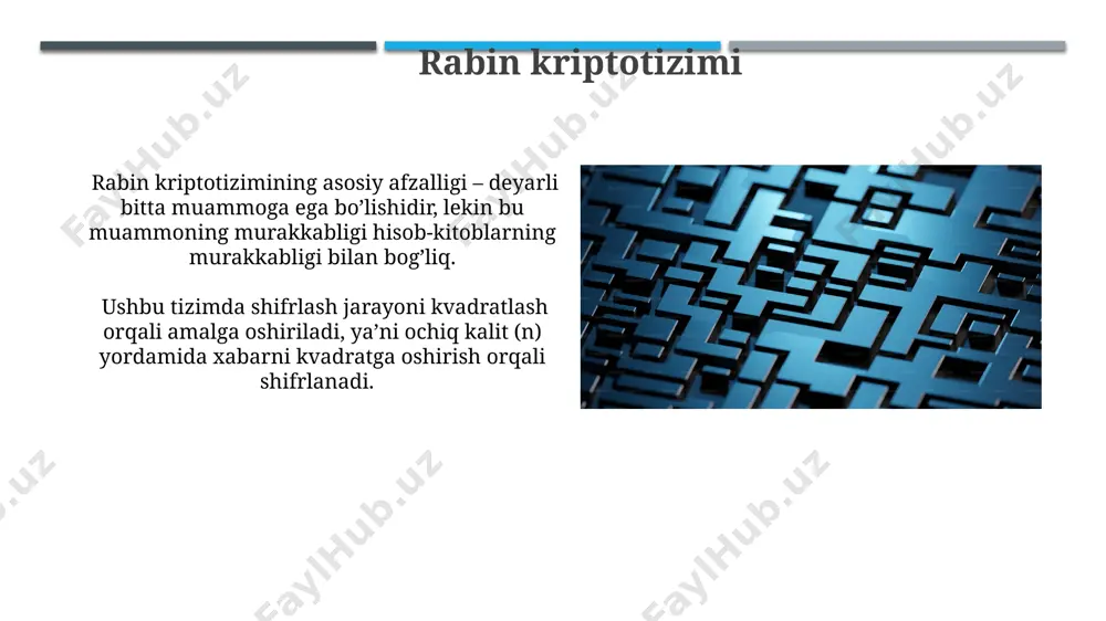 totizimlarning xavfsizlik darajasini baholash va yangi, kvantga chidamli algoritmlarni yaratish muhim tadqiqot yo'nalishi hisoblanadi. kvadratik qoldiqlarning xossalari kvadratik qoldiqlarning soni modulo p (p tub son) (p-1)/2 ga teng bo'lib, ular p ning yarmidan sal kamroq qiymatlarni qabul qiladi. legendre simvoliga ko'ra, a ning modulo p bo'yicha kvadrat qoldiq ekanligini aniqlash uchun (a/p) = 1 hisoblanadi, aks holda (a/p) = -1. kvadratik qoldiqlarning xavfsizligi kvadratik qoldiqlarning xavfsizligi kvant hisoblash rivojlanishi bilan tahdid ostida qoladi, chunki shor algoritmi kvant kompyuterlarida diskret logarifm muammosini samarali hal qilish imkonini beradi; bu esa 2048 bitdan yuqori kalit uzunligini talab qilishi mumkin. qr asosidagi kriptotizimlarning xavfsizligi, qo'llaniladigan xesh funksiyasi va tasodifiy sonlar generatorining sifatiga ham bog'liq bo'lib, 256 bitli kalit uzunligi ko'pincha yetarli hisoblanadi. goldwasser-micali kriptotizimi goldwasser-micali kriptotizimi kvadrat qoldiqlarning xususiyatlaridan foydalangan holda, 2 ta katta tub sonlarning ko'paytmasi bo'lgan n moduli bilan ishlaydi va xabar bitlarini shifrlash uchun ishlatiladi. goldwasser-micali tizimi probalistik shifrlash tizimi bo'lib, …