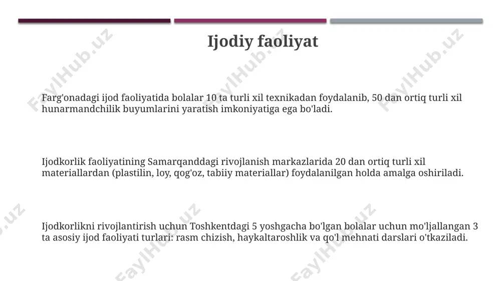 olib boriladi, har bir guruhda 4-6 nafar bola bo‘lib, ular 2 hafta davomida bitta loyiha ustida ishlaydi. loyiha ustida ishlash jarayonida 5-7 yoshli bolalar toshkentdagi rivojlanish markazlarida 3 o‘lchovli modellardan foydalanib, geometrik shakllarni o‘rganadilar va 20 ta vazifani bajaradilar. farg‘onadagi rivojlanish markazlarida "loyiha ustida ishlash" faoliyati davomida bolalar 8 ta turli xil materiallardan foydalanib, 15 ta turli xil loyihalarni amalga oshirishadi va natijalarini taqdim etadilar. e'tiboringiz uchun rahmat @taqdimot_robot