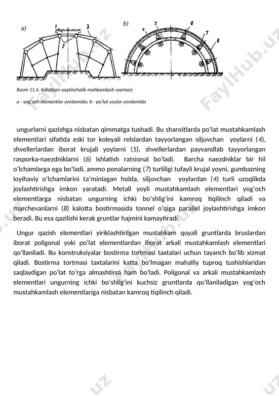 urning ichki bo‘shlig‘ini kuchsiz gruntlarda qo‘llaniladigan yog‘och mustahkamlash elementlariga nisbatan kamroq tiqilinch qiladi. 4-mavzu; ankerli mahkamlash reja; 1. yer osti ungurlar qilmaydigan ankerlar 2. po‘lat va temirbeton ankerlar yer osti ungurlarining ichki bo‘shliqni tiqilinch qilmaydigan samarali vaqtinchalik mustahkamlash elementlari sifatida ankerlab (shtangalab) mahkamlashni ko‘rsatish mumkin (11.5-rasm). bu usul barcha qoyali gruntlarda qo‘llanilishi mumkin. anker (1) oldindan burg‘ilangan silindrik teshikka-shpurga o‘rnatiladi va uni shpur osti yaqinida yoki uning butun uzunligi bo‘yicha mahkamlaydilar. tog‘ massiviga qadalgan ankerlar massivning qatlamlar va darzlar bilan bo‘lingan qismlarini mahkamlaydi, ochilgan gruntlarning turg‘unligini ancha oshiradi. rasm 11.5. ankerli mahkamlash: a - mustahkamlash sxemasi; b - po‘lat anker konstruksiyasi; v - temirbeton anker konstruksiyasi; 1 - anker; 2 - po‘lat to‘r; 3 - pona; 4 - anker sterjeni; 5 - qorishma; 6 - armatura sterjeni kuchsiz gruntlarda ankerlarni orqa tomoniga bostirmaning tortuvchi taxtalari joylashtirilgan metall yoylar tutib turadi. o‘rta mustahkam va mustahkam gruntlarda ankerlarga po‘lat to‘r (2) osib …