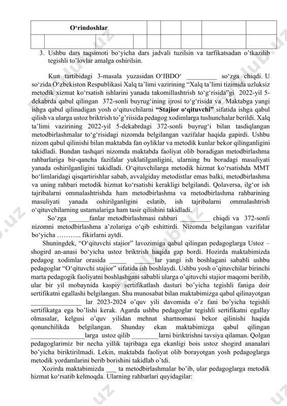 1-4 5-11 1 …………. ona tili 2 8 4 10,11 2 …………. 1 27 5,6,7,8,9 8 3 …………. o‘rindoshlar yuqorida keltirib o‘tilgan fanlar bo‘yicha dars soatlari sinf rahbarligi, uy ta’limi dars soatlari taqsimlanishini, norozi va qarshi bo‘lganlar fikrlarini bildirishi so’raldi. shundan so‘ng, kasaba uyushmasi raisi ______ so’zga chiqib maktabdagi mavjud sinflar va dars soatlari pedagoglar orasida yuqoridagi kabi taqsimlanishi bo’yicha fikirlarini so’radi. metodbirlashma rahbarlari ____________lar fikir bildirib imkon qadar adolatli dars taqsimoti bo’lganini ma’lum qildilar. maktab direktori so’zga chiqib yig‘ilishning barcha qatnashchilaridan yuqoridagi jadvalga asosan dars taqsimotini amalga oshirish bo’yicha rozi ekanligini yoki rozi emasligini so‘radi. yig‘ilishning barcha a’zolari bir ovozdan qo‘l ko‘tarib rozi ekanligini bildirdi. qarshilar, betaraflar bo’lmadi. kun tartibidagi 2-masala yuzasidan yig‘ilish qarori: 1. maruzachilar ____________larning maruzasi ma’lumot va ijro uchun qabul qilinsin. 2. dars taqsimoti quyidagicha amalga oshirilsin: № familiyasi va ismi fani toifasi dar soati uy ta'limi dars o‘tadigon sinfi sinf rahbarligi 1-4 5-11 1 …………. …