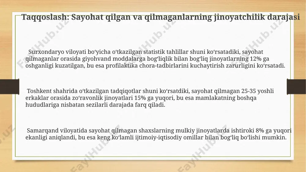 atilishi mumkin. oilaviy muhitning ta'siri oilaviy muhitning ijtimoiy-iqtisodiy holati, masalan, 50% dan ortiq qashshoqlik darajasi bo'lgan qashqadaryo viloyatining qishloq joylarida, yoshlarda kriminal xatti-harakatlarning yuqori ko'rsatkichlari bilan bog'liq. oiladagi zo'ravonlik va e'tiborsizlik, 20-35 yosh oralig'ida jinoyat sodir etgan shaxslarning 70% da kuzatiladigan omil bo'lib, ularning ko'pchiligi toshkent shahrida ro'yxatdan o'tgan. oila a'zolarining kriminal tarixi, masalan, ota-onasining yoki aka-ukalarining sudlanganligi, 15 yoshgacha bo'lgan yoshlarda jinoyatchilikka moyillikni 3 marta oshiradi. jamoatchilik fikri va ommaviy axborot vositalarining roli 2022 йилдаги ўтказилган ижтимоий сўровнома натижаларига кўра, тошкент шаҳри аҳолисининг 70% дан ортиғи жамоатчилик фикрининг таъсирига учрайди, бу эса жиноятчиликнинг олдини олишда муҳим омил ҳисобланади. оммавий ахборот воситалари, хусусан, 5 тадан ортиқ миллий телеканаллар, жиноятчиликнинг олдини олишга қаратилган 100 дан ортиқ кўрсатувни эфирга узатиб, жамоат хавфсизлигини таъминлашга ҳисса қўшмоқда. самарқанд вилоятидаги 3 та туманда ўтказилган тадқиқотлар, жамоатчилик фикри ва оавнинг жиноятчиликка қарши курашдаги самарадорлигини баҳолашда, 15% гача самарадорликнинг ошишини кўрсатди. sayohat qilmagan shaxslar jinoyatchiligining ijtimoiy-iqtisodiy omillari …