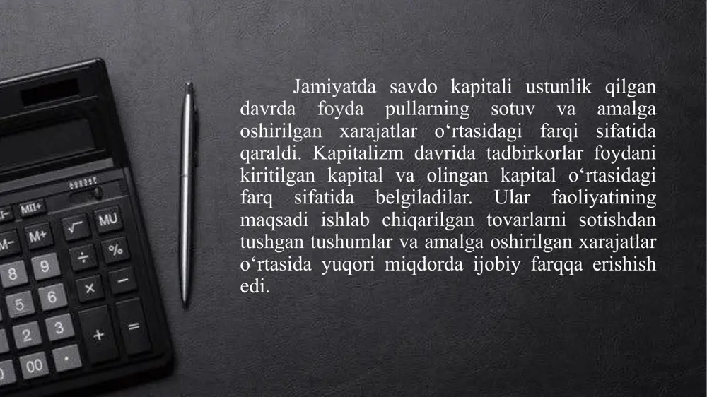 ikasidagi manbalardan daromadlar oluvchi o‘zbekiston respublikasi norezidentlari bo‘lgan yuridik shaxslar; 4) soliq to‘lovchilar konsolidatsiyalashgan guruhining mas’ul ishtirokchilari bo‘lgan yuridik shaxslar; 5) soliq davrida tovarlarni (xizmatlarni) realizatsiya qilishdan olgan daromadlari bir milliard so‘mdan ortiq bo‘lgan yoki o‘z ixtiyori bilan foyda solig‘ini to‘lashga o‘tgan yakka tartibdagi tadbirkorlar; 6) oddiy shirkat shartnomasi (birgalikdagi faoliyat to‘g‘risidagi shartnoma) doirasida amalga oshiriladigan faoliyat bo‘yicha oddiy shirkatning ishonchli shaxsi. 2. foyda solig‘i to‘lovchi yuridik shaxslar quyidagilardir: soliq to‘lovchi tomonidan olingan foyda foyda solig‘i (bundan buyon ushbu bo‘limda soliq deb yuritiladi) bo‘yicha soliq solish ob’yekti hisoblanadi. ushbu bo‘lim maqsadida quyidagilar foyda deb e’tirof etiladi: 1) yuridik shaxs uchun — ushbu bo‘limda nazarda tutilgan jami daromad va xarajatlar o‘rtasidagi farq; 2) faoliyatni doimiy muassasa orqali amalga oshiruvchi norezident uchun —qonunda belgilangan o‘ziga xos xususiyatlar inobatga olingan holda, ushbu bo‘limda nazarda tutilgan doimiy muassasaning faoliyati bilan bog‘liq bo‘lgan jami daromad va xarajatlar o‘rtasidagi farq; 3) norezident uchun — qonunda belgilangan …