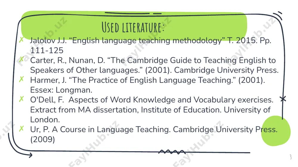 er, will not ensure that learners can read a text with understanding. 'words enter into meaningful relations with other words around them…' (sinclair 1996:76). 18 work at a new word in a context is more widely used: in a phrase, in a situation, in a story, in question-answer form, in a talk. it leads to better assimilation of new words. 19 what needs to be taught? (p.ur 2009) 1. pronunciation and spelling 2. grammar 3. collocation/ idioms 4. aspects of meaning (1): denotation, polysemy, connotation, sociocultural context 5. aspects of meaning (2): meaning relationships (synonyms antonyms, hyponyms) 6. word formation 20 to understand a text, learners need to know words, and 'knowing a word involves knowing: its spoken and written contexts of use, its patterns with words of related meaning…' (carter, 2001:43). 21 to get meaning from texts, when teaching vocabulary it is necessary to consider the following aspects: 22 …