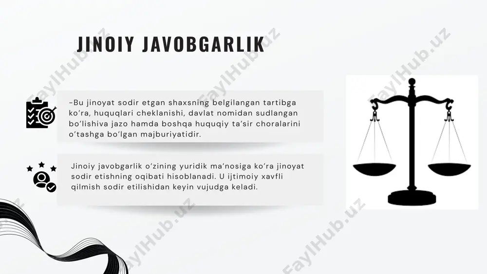 da, shu daqiqada jinoyat-huquqiy munosabat yuqori darajada aniqlanib, jinoiy javobgarlik tarkibiga aylanadi. jinoiy javobgarlikning mazmun-mohiyati jinoyat sodir etganlikda aybdor deb topilgan shaxsni tayinlangan jazo muddatini o’tash majburiyatida ifodalanadi. formal ahamiyat moddiy ahamiyat formal va moddiy ahamiyat jinoyat tarkibi jk 16-moddasi 2-qismiga muvofiq, jinoiy javobgarlikka tortishning yagona asosi jk da nazarda tutilgan jinoyat tarkibining barcha alomatlar mavjud bo’lgan qilmishni sodir etishdir. jinoyat tarkibi deganda, aniq ijtimoiy xavfli qilmishni jinoyat deb baholash uchun zarur bo’lgan obyektiv va subyekt elementlar yig’indisi tushuniladi. jinoyat tarkibi sodir qilingan qilmishni baholash, aniqrog’i jinoyatni kvalifikatsiya qilishning qonunqiy asosidir. u sodir bo’lgan hodisani solishtirish uchun etalon (o’lchov birligi) hisoblanadi. jinoyat tarkibining tuzilishi jinoyat obyekti jinoyatning subyekt tomoni jinoyatning obyektiv tomoni jinoyat subyekti zaruriy va fakultativ belgilar fakultativ belgilar jinoyat tarkibi mavjud bo’lishi uchun zarur bo’lgan belgilar bo’lib, ularning yig’indisi qilmishni jinoyat deb hisoblash uchun minimal va yetarli bo’lgan ijtimoiy xavfliligini tashkil qiladi. zaruriy belgilar jinoyat tarkibining mavjudligini anglatmaydigan, …