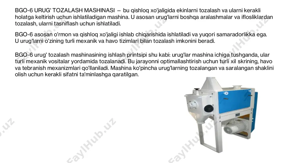 ning mexanik qismlarini ishlatish uchun motor va dvigatel mavjud. bu tizim urug'larni samarali tozalash uchun kerakli energiyani ta'minlaydi. 7.boshqaruv paneli: mashinaning ishlashini nazorat qilish va boshqarish uchun mo'ljallangan elektron yoki mexanik panel. bu yerda mashinaning turli parametrlarini sozlash, ish rejimlarini tanlash mumkin. bgo-6 urug' tozalash mashinasining ushbu tarkibiy qismlari birgalikda ishlash orqali samarali tozalash, saralash va urug'larning sifatini yaxshilashni ta'minlaydi. bgo-6 urug' tozalash mashinasi — bu sobiq sovet ittifoqi davrida ishlab chiqilgan va qishloq xo'jaligida keng qo'llanilgan mexanik asbobdir. uning yaratilish tarixi 1960- 1970-yillarga borib taqaladi, qishloq xo'jaligi sohasida ekinlar sifatini yaxshilash va samaradorlikni oshirish maqsadida ishlab chiqilgan. ushbu mashina asosan urug'larni tozalash, saralash va yaxshi sifatli urug'larni ajratib olish uchun mo'ljallangan. bgo-6 urug' tozalash mashinasi o'z davrida juda samarali va ko'p qirrali qurilma bo'lib, ekinlarning sifatini oshirishda katta rol o'ynagan. mashina o'zining yuqori samaradorligi va ishlash qulayligi bilan qishloq xo'jalik ishchilariga yordam berib, ekinlarni tozalash va tayyorlash jarayonlarini ancha …