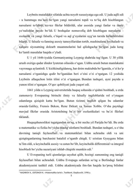 eng buyuk ifodalarini tuzishga harakat qildi. biroq, bu niyat amalga oshmadi. u 1716 yil noyabr oyida gannoverda vafot etdi. leybnitsning ilm-fan va falsafa olamidagi asosiy fe’l-atvorlari va sharoitlari qanday boʻlganligini koʻrib chiqamiz. oʻsha davrdagi boshqa faylasuflar va olimlar singari, leybnits turli sohalarda ixtisoslashgan. shuni yodda tutishimiz kerakki, hozirgi zamonda barcha intizomlar toʻgʻrisida hali ham ma’lumot yoʻq edi, shuning uchun bitta odam bir nechta sohalarda mutaxassis boʻlishi mumkin edi. hozirda siz faqat bitta sohada ixtisoslashishingiz kerak, hattoki ushbu soha haqidagi barcha ma’lumotlarni bilish qiyin. va haqiqat shundaki, ilgari boʻlgan ma’lumotlarga nisbatan mavjud boʻlgan va tekshirishni davom ettiradigan ma’lumot miqdori tubsiz farqdir. turli sohalardagi mutaxassislarning kuchi unga turli xil nazariyalarni shakllantirishga va ilm-fanning zamonaviy rivojlanishiga asos yaratishga imkon berdi. ba’zi misollar matematikada va mantiqda, shuningdek falsafada boʻlgan. biz ularning asosiy hissalari nimaga boʻlinishi kerak: isaak nyuton bilan bir qatorda leybnits hisobni yaratuvchilardan biri sifatida tan olingan. integral hisobdan birinchi marta foydalanish toʻgʻrisida …