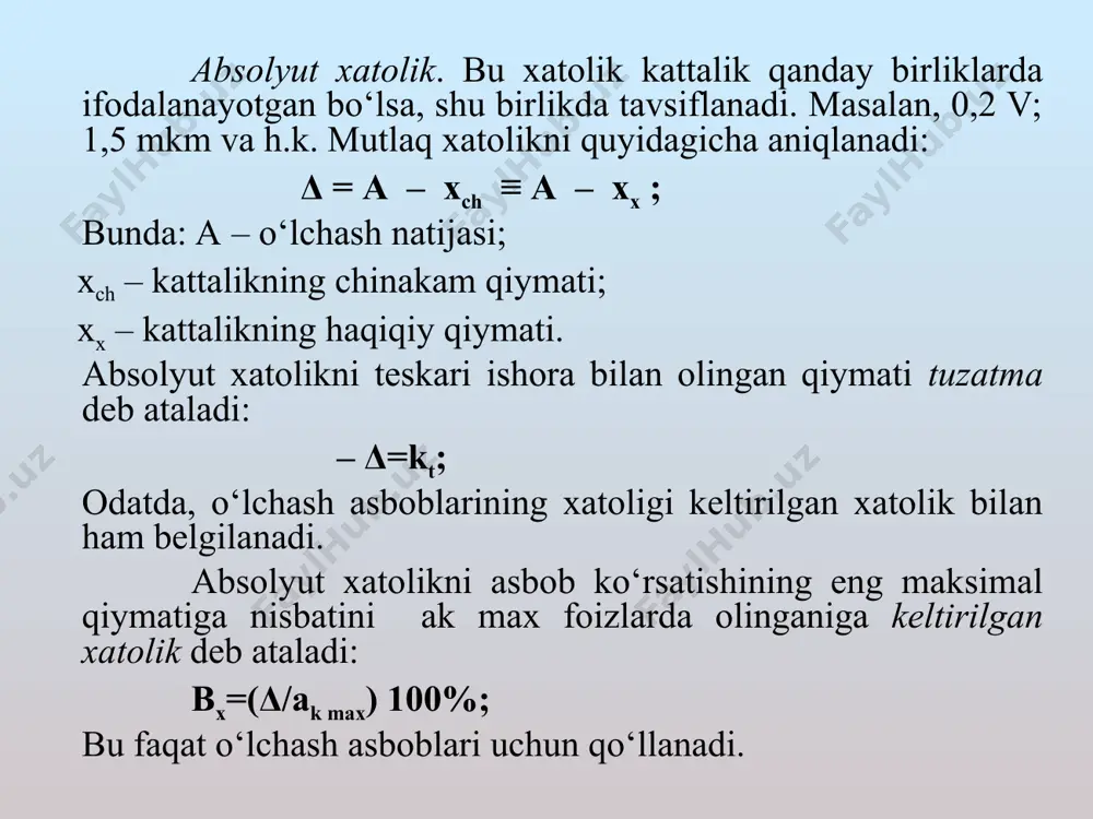 yozilishi mumkin bo‘lgan qiymatlar taqsimotining katta qismi joylashgan o‘lchash natijasi atrofidagi oraliqni aniqlovchi kattalik. qamrov koeffitsiyenti – to‘liq noaniqlikka erishish uchun yakuniy standart noaniqlikning ko‘paytiruvchisi sifatida foydalaniladigan son bilan ifodalangan koeffitsiyent. kuzatib borish – belgilangan noaniqliklarga ega bo‘lgan solishtirishlarning ajralmas zanjiri vositasida muvofiq etalonlar, ko‘pincha milliy va xalqaro etalonlar bilan aloqa o‘rnatish imkoniyatidan iborat bo‘lgan o‘lchash natijalari yoki etalon qiymatlarining xossalari. pretsizionlik – o‘lchash natijalrining muayyan sharoitlarda olingan mustaqil natijalarining bir-biriga yaqinligi. noaniqlik (o‘lchashlar noaniqligi) – bu o‘lchash natijalari va qiymatlari yoyilishini tavsiflanishi bilan bog‘liq bo‘lgan, ya’ni o‘lchanayotgan kattalik yetarli asoslash bilan yozish mumkin bo‘lgan ko‘rsatkich. “noaniqlik” atamasi ta’rifidan u o‘lchash natijasiga muvofiq o‘lchovning miqdoriy aniqligi va o‘lchanadigan kattalik qiymati o‘lchash shartlarida aniqlangan qiymat intervali ichida turishiga ruxsat etilishi mumkin bo‘lgan ishonchlilik darajasini ifodalaydi. boshqacha aytganda, noaniqlik o‘lchovning miqdoriy jihati bo‘lib, o‘lchanayotgan kattalikni va uni o‘tkazishda olingan yoki o‘lchash natijasini baholash qanchalik ishonchliligi bo‘lib hisoblanadi. 1-bosqich. o‘lchanayotgan kattalikni ifodalash. o‘lchash …
