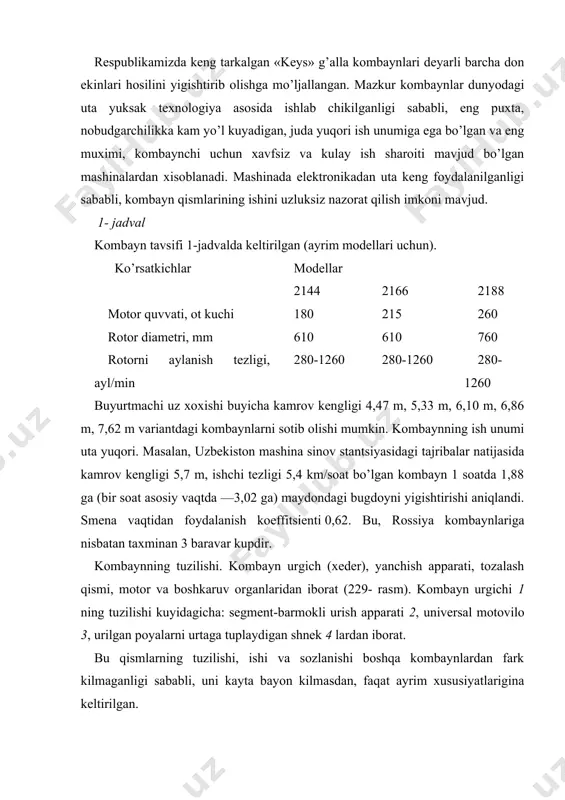 rgich brusiga bikr o’rnatilgani sababli, yerning notekisligiga moslasha olmaydi. bunday apparat past buyli ekin urimida hosilning 8—10% ini yerga tuqilishiga sababchi bo’ladi. mazkur kombaynga buyurtma qilinsa, unga moslanuvchan (kopirlovchi) urish apparati o’rnatilib, g’alla ni pastrok urishga erishish mumkin. segmentlar kadami va katnash yuli aslida 3 dyuym (76,2 mm) qabul qilingan, ammo ayrim ekinlar uchun masalan, sholi uchun buyurtma asosida katnash yuli 1,5 dyuym (38,1 mm) bo’lgan segmentlar o’rnatilishi mumkin. urgich shnegi sharoitga qarab 4 xil tezlikda aylanishi va urgich tubiga nisbatan 12,7…25 mm tirkish bilan o’rnatilishi mumkin. urgichni ko’tarib-tushirishda silkinmasligi uchun pnevmoakkumulyator o’rnatilgan. yanchish apparatini muxofaza qilish maksadida esa urgich toshtutkich bilan jixozlangan. «keys» kombaynlariga aksial-rotorli yanchish apparati 6 o’rnatilgan (229- rasm). bu turdagi apparat ilgari keng tarkalgan shtiftli yoki savagichli baraban o’rnatilgan apparatdan tubdan fark kiladi. aksial-rotorli yanchish apparati asosini (230- rasm) uta uzun (deyarli 3,0 m) rotor (baraban) 3 va unga kiydirilgan kuzgalmas kobik 2 tashkil kiladi. rotor …