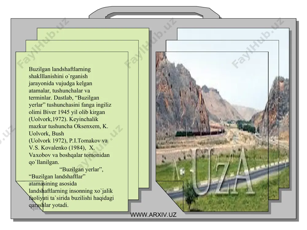 ltivatsiya turlari xilma-xildir. adabiyotlardan tog`-kon rekultivatsiya, texnik rekultivatsiya, biologik rekultivatsiya va rekultivatsiya koeffitsiyenti tushunchalari mavjud. www.arxiv.uz www.arxiv.uz xududni o`zlashtirish uchun tayyorlash tog`- texnik rekultivatsiya deb ataladi. (motorina, zabelelina, 1968). bunda tashlamalar tekislanadi, yonbag`irlar qiyaligi kamaytiriladi, hosildor gruntlar solinadi, yo`llar quriladi. texnik rekultivatsiya bosqichida xudud tekislanadi, yonbag`irlar shakllantiriladi, rekultivatsiya qilinadigan joylarga tuproq solinadi, yo`llar quriladi, gidro – texnik va meliorativ inshoatlar quriladi (gost 17.1.1.-78) www.arxiv.uz www.arxiv.uz -biologik rekultivatsiyada quyidagilar tushuniladi. a) buzilgan yerlarni tiklash, ko`klamlashtirish va qulay landshaftlarni yaratish tadbirlari; (motorina, zabelina, 1968). b) meliorativ daraxatlar ekish va almashlab ekish va boshqa agrotexnik usullarini qo`llash orqali buzilgan yerlarning hosildorligini oshirishga yo`naltirilgan tadbirlarni o`tkazish (motorina, ovchinnikova. 1975); v) hayvonotlar, o`simliklar, qo`ziqorinlar va makroorganizmlarning yashash muhitiga ta`sir qilishiga va yerlarning hosildorligini tiklashga yo`naltirilgan agrotexnik va fito meliorativ tadbirlar o`tkazish. (reymers, 1990). ma`lum bir vaqt davomida qayta tiklangan yerlarni shu vaqt ichida buzilgan yerlari maydoniga nisbati rekultivatsiya koeffitsiyenti deb ataladi. (tomakov, kovalenko, 1984). qayta …