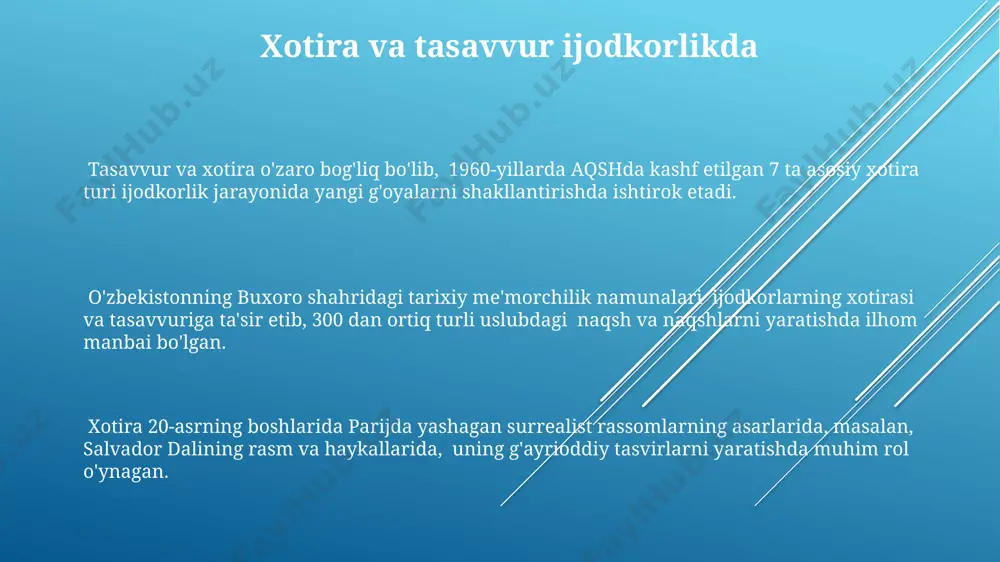 vvur inson miyasining 20% dan ortiq qismini egallaydi, bu esa samarqanddagi 1500 nafar talaba o'tkazgan tadqiqotda tasdiqlanganidek, ta'lim jarayonida samarali qo'llanilishi muhimligini ko'rsatadi. bolalar bog'chasida 5-6 yoshli bolalarda tasavvur rivojlanishi uchun 30 ta maxsus o'yinlar qo'llanilishi, xotira qobiliyatini 15% ga oshirishi mumkin, bu esa toshkent shahridagi pedagogika institutining tadqiqotlariga ko'ra isbotlangan. xotira buzilishi toshkent shahrida o'tkazilgan tadqiqotlar shuni ko'rsatdiki, xotira buzilishi bilan og'rigan 200 nafar bemorda, 75% ida uyqusizlik va stress kabi omillar asosiy sabab bo'lgan. xotira buzilishining turli shakllari mavjud bo'lib, masalan, anterograd amneziya – yangi xotiralarni yaratish qobiliyatining yo'qolishi, 10% hollarda bosh miya jarohatlari tufayli yuzaga keladi. xotira buzilishi, ayniqsa 65 yoshdan oshgan odamlarda, altsgeymer kasalligi kabi neyrodegenerativ kasalliklar tufayli 30% ga ko'payishi kuzatilgan va bu holat jahon sog'liqni saqlash tashkiloti ma'lumotlariga ko'ra, butun dunyo bo'ylab keng tarqalgan. xotirani yaxshilash usullari to'g'ri va muvozanatli ovqatlanish xotiraga ijobiy ta'sir ko'rsatadi. kuniga 5 marta kam miqdorda ovqatlanish, ko'proq meva va …