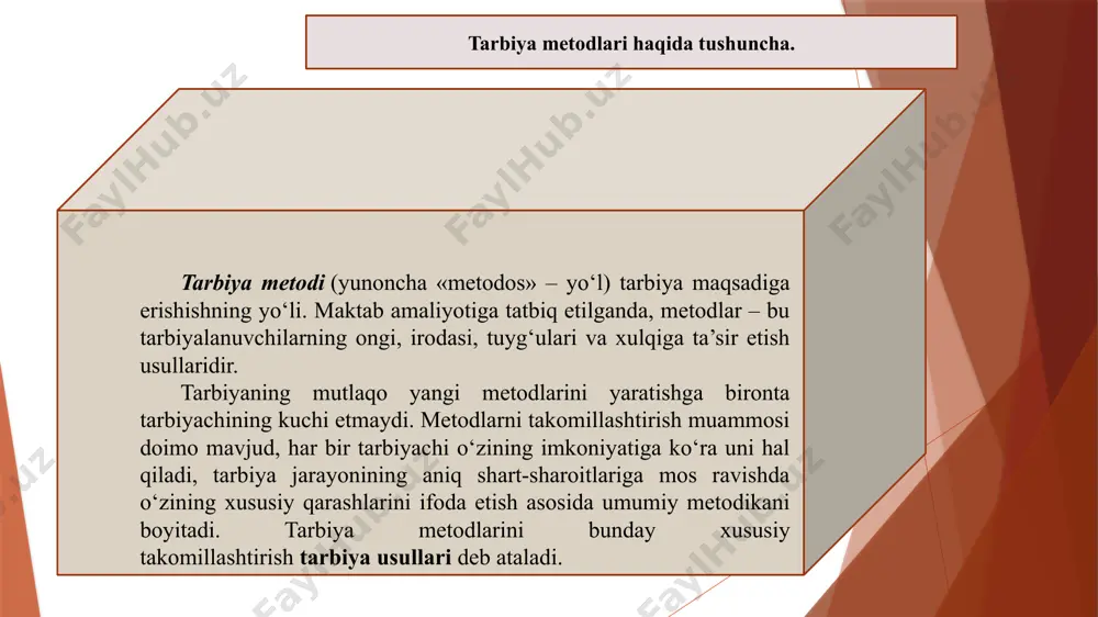 mumkin. biroq har bir bosqichda mazkur sifatni shakllantirish borasida turli metodlar qo‘llaniladi. umumiy metodlar, umumiy dasturlarning o‘zi tarbiyaviy o‘zaro ta’sir etishning asosi bo‘la olmaydi. ularni indivudual va shaxsiy tuzatish zarur. insonparvar pedagog har bir shaxs o‘ziga xosligini rivojlanishiga, o‘ziga xosligini saqlashga, o‘zining «men»ini amalga oshirishiga imkon beradigan metodlarni qo‘llashga harakat qiladi. tarbiyaviy shart-sharoitlar tarbiya vositalari unga moddiy, psixofiziologik, sanitar-gigienikdan tashqari sinfda yuzaga keladigan munosabatlar: jamoadagi iqlim, pedagogik rahbarlik usuli va boshqalar tegishlidir.ma’lumki, mavhum shart-sharoitlar bo‘lmaydi, ular hamisha aniq. ularni birlashuvi aniq holatlarda ko‘rinadi. tarbiya amalag oshadigan sharoit pedagogik vaziyatlar nomini oldi. tarbiya metodlari tarbiya jarayonining tarkibiy qismlari sifatida yuzaga chiqadigan tarbiya vositalaridan tashkil topadi. metodlar ular bilan mustahkam bog‘langan va birgalikda qullaniladigan boshqa tarbiya vositalari ham mavjud. masalan, metodlarni samarali qo‘llanilishi uchun zaruriy yordam beruvchi ko‘rgazmali qo‘llanmalar, tasviriy san’at asarlari va musiqa san’ati, ommaviy axborot vositalari. pedagogik malakani egallaganlik darajasi tarbiya vaqti. tarbiyachi odatda faqat o‘zi biladigan va qo‘llashni egallagan …