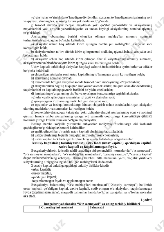 екистон республикасининг бухгалтерия ҳисоби миллий стандарти (1-сон бҳмс) taqsimlanmagan foyda foydaning jamg‘arilayotganligini ifodalaydi va mulkdorlarning qaroriga binoan ustav fondiga (ustav kapitaliga) qо‘shilishi mumkin2. mulkchilik shakllaridan qat’iy nazar, korxonalarda ustav kapitali (fondi) miqdori mazkur korxona tashkil bо‘lganda tasdiqlangan ta’sis hujjatlarida kо‘rsatilgan miqdorgatengbо‘ladi. uning miqdori yil davomida о‘zgarmaydi. xususiy kapital tahlili maqsadi- xususiy kapitalni shakllantirishning asosiy manbaalarini о‘rganish va ulardan foydalanish samaradorligini oshirish imokniyatlarini aniqlashdan iborat. xususiy kapital tahlilining asosiy vazifalari: -tahlil uchun zarur bо‘lgan axborotlar bazasini (ustav kapitalini kо‘paytirish, undan foydalanish, tasarruf etish bilan bog‘liq bо‘lgan axborotlar tо‘plamini)shakllantirish; -qonun xujjatlari va xо‘jalik yurituvchi subyektning ustavida belgilangan normalariga amal etilishini baholash; -xususiy kapital va uning tarkibiy, dinamik о‘zgarishlariga baho berish; -xususiy kapitaldan samarali foydalanish darajasini о‘rganish; -xususiy kapital samaradorligini oshirishning imkoniyatlarini aniqlash va yо‘lga qо‘yish. xususiy kapital tahlilini olib borishda axborot manbaalariga «buxgalteriya balansi» va «xususiy kapital tо‘g‘risida»gihisobot shakllari kiradi. buxgalteriya balansida xususiy kapital va uning tarkibiy birliklari haqidagi ma’lumotlar hisobt davri …