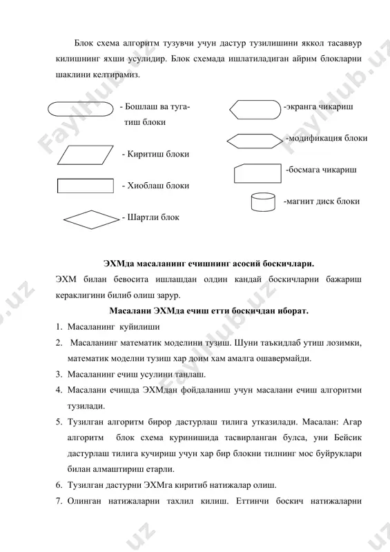 системасини тулдиради, янги курилмаларнинг ишини таъминлайди , мавжуд булган курилмаларнинг ностандарт ишлатилишини таъминлайди. драйвер номи config.sys файлида курсатилади. файллар ва каталоглар. дискеталарда маълумотлар файллар куринишида сакланади. файл - бу дискетанинг маълум ном билан аталувчи сохасидир. файлда дастур ва хужжат матнлари, бажарилиши мумкин булган дастурлар ва хоказолар сакланади. файллар 2 хил булади: матнли ва иккили тизимдаги. матнли файллар фойдаланувчи укиши учун мулжалланган. хар бир файл икки кисмдан иборат булган номга эга. файл номининг биринчи кисми асосий кисми хисобланади ва 1 тадан 8 тагача белгидан иборат булади. файл номининг иккинчи кисми кенгайтгич дейилади ва 1 тадан 3 тагача белгидан иборат булади. файл номининг асосий кисми кенгайтгичдан нукта билан ажратилади. масалан: сommand.com autoexec.bat ma’ruza.txt ru-2kurs.doc файлга ном беришда факат лотин харфларидан фойдаланиш максадга мувофикдир. файл номида кенгайтгич булиши шарт эмас. лекин кенгайтгич, коидага кура, файлнинг кайси турда эканлигини акс эттиради ва шу билан фойдаланувчига кулайлик яратади. масалан: .com ва .exe ишлатишга тайёр командали …