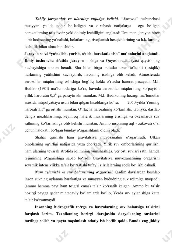 ko‘rsatishi tufayli zilzilalarning sodir bo‘lishi oshadi. nam aylanishi va suv balansining o‘zgarishi. qadim davrlardan boshlab inson suvning aylanma harakatiga va muayyan hududning suv rejimiga maqsadli (ammo hamma payt ham to‘g‘ri emas) ta’sir ko‘rsatib kelgan. ammo bu ta’sir hozirgi paytga qadar mintaqaviy ko‘lamlarda bo‘lib, yerda suv aylanishiga katta ta’sir ko‘rsatmaydi. insonning hidrografik to‘rga va havzalarning suv balansiga ta’sirini farqlash lozim. texnikaning hozirgi darajasida daryolarning suvlarini tartibga solish va qayta taqsimlash odatiy ish bo‘lib qoldi. bunda eng jiddiy geografik oqibatlar suv omborlarining qurilishi bilan bog‘liq. hozirgi paytda jahonda 30 000 mingdan ziyod suv omborlari barpo etilgan bo‘lib,ularning umumiy suv sig‘imi 6 000 km3 dan ziodroq; suv yuzasining maydoni esa 400 000 km2 ni tashkil etadi. yuqorida qayd qilinganidek, suv omborlari tevarak atrof iqlimining o‘zgarishiga, sizot suvlari sathining ko‘tarilishiga, botqoqlashish va sho‘rlanishga, tog‘li hududlarda zilzilalarning tezlashuviga sabab ta’siri natijasida geografik qobiqqa ko‘rsatadigan ta’siri orasida bevosita aloqa mavjud. tabiiy jarayonlardagi ritmiklik landshaftlar rivojlanishi-ning muhim …