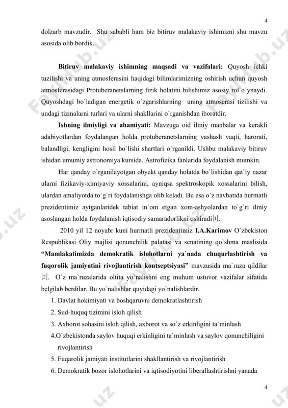 i quyosh yadrosi. quyoshning markaziy qismida radiusi taxminan 150 000 kilometr bo`lgan yadroda termoyadro reaksiya bo`ladi. yadrodagi modda zichligi taxminan 150 000 kg/m3 ni tashkil qiladi (suvdan 150 marta zichroq va yerdagi eng zich metal osmiyadan ham ~ 6,6 marta zichroq, yadro markazidagi temperaturasi esa 14 million gradusdan ortiqroq. soho da o`tkazilgan missiya ma`lumotlari analizi shuni ko`rsatadiki, yadroda quyoshning o`z o`qi atrofida aylanish tezligi sirtiga qaraganda ancha katta [6,7]. yadroda proton-proton termoyadroviy reaksiya kechadi, natijada to`rtta nuklondan iborat bo`lgan geliy-4 hosil bo`ladi. bunda har bir sekundda 4,26 million tonna modda nurlanishga aylanadi. ammo bu quyosh massasi (2x1027 tonna) ga nisbatan nihoyatda kichik hisoblanadi. quyosh atmosferasi samo jismini o`rab turuvchi shaffof gaz qobug` uning atmosferasi deb ataladi. bunga yerni o`rab turuvchi shaffof gaz qatlam misol bo`la oladi. kunduzi bulutsiz paytlarda yer atmosferasi bizga ko`m-ko`k osmon sifatida ko`rinadi. osmon (atmosfera)ning tiniqlik darajasi undagi zarrachalarning nurni yutish (sochish) qobiliyati (к() ga, konsentratsiyasiga (n) …