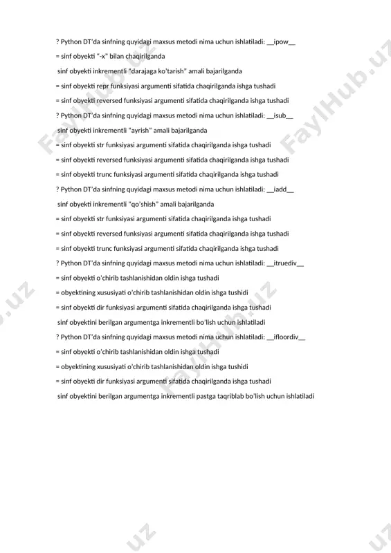 i: __imul__ = sinf obyekti “teng emas”likka tekshirish sinf obyekti inkrementli “ko’paytirish” amali bajarilganda = berilgan argumentning butun bitli “chapga surish” amalini qaytarish = sinf obyekti kichikligiga tekshirish ? python dt’da sinfning quyidagi maxsus metodi nima uchun ishlatiladi: __ipow__ = sinf obyekti “-x” bilan chaqirilganda sinf obyekti inkrementli “darajaga ko’tarish” amali bajarilganda = sinf obyekti repr funksiyasi argumenti sifatida chaqirilganda ishga tushadi = sinf obyekti reversed funksiyasi argumenti sifatida chaqirilganda ishga tushadi ? python dt’da sinfning quyidagi maxsus metodi nima uchun ishlatiladi: __isub__ sinf obyekti inkrementli “ayrish” amali bajarilganda = sinf obyekti str funksiyasi argumenti sifatida chaqirilganda ishga tushadi = sinf obyekti reversed funksiyasi argumenti sifatida chaqirilganda ishga tushadi = sinf obyekti trunc funksiyasi argumenti sifatida chaqirilganda ishga tushadi ? python dt’da sinfning quyidagi maxsus metodi nima uchun ishlatiladi: __iadd__ sinf obyekti inkrementli “qo’shish” amali bajarilganda = sinf obyekti str funksiyasi argumenti sifatida chaqirilganda ishga tushadi = sinf obyekti reversed …