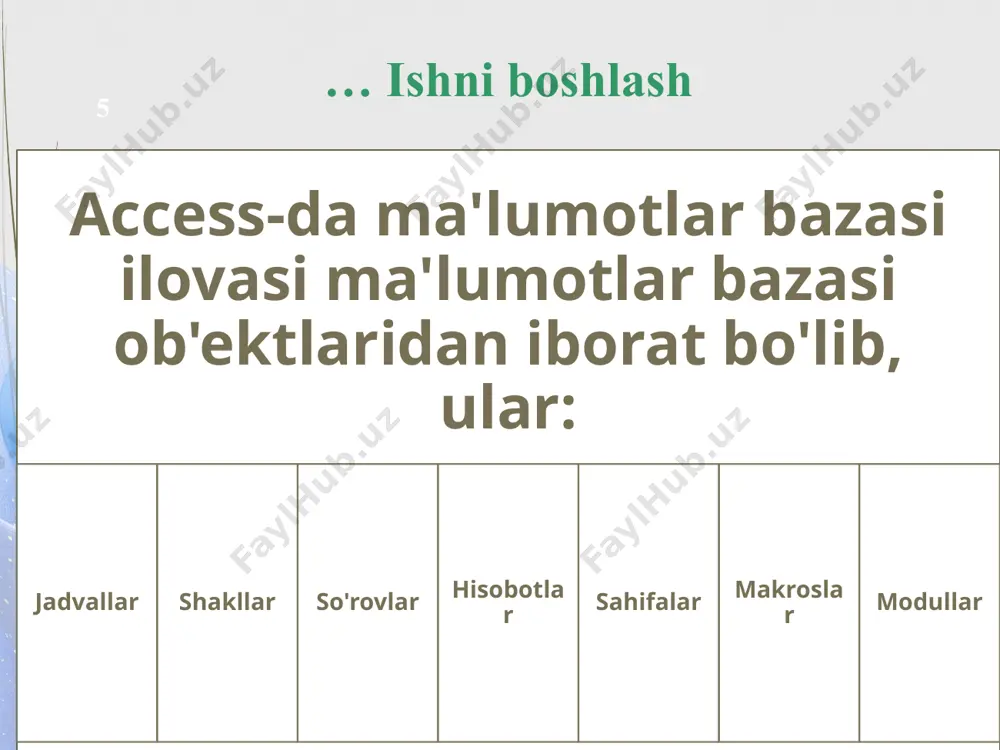 ma'lumotlar turini o'zgartirish imkonini beradi. biroq, ba'zi o'zgarishlar ma'lumotlarni muvaffaqiyatli konvertatsiya qilishni ta'minlamaydi, masalan, belgilar (matn) bilan to'la maydonni raqam qiymatiga aylantirishga urinish 16 format xususiyatlarini o'zgartirish: kirish sukut bo'yicha ma'lumotlarni kiritilgan formatda ko'rsatadi. siz ma'lumotlarni boshqa formatda ko'rsatishingiz mumkin. access ma'lumotlar qiymatini emas, balki displey formatini o'zgartirishga imkon beradi maydon xususiyatlari panelida joylashgan format xususiyati oldindan belgilangan formatlarga kirishi va amalga oshirishi mumkin (ma'lumotlar turiga bog'liq) yoki o'zingizning shaxsiy tartibingizni yaratishga imkon beradi. 17 shakllar shakllar ma'lumotlar bazasi jadvallari uchun foydalanuvchi interfeysini ta'minlaydi. ular ma'lumotlar bazasi jadvallaridagi ma'lumotlarni kiritish, tahrirlash va ko'rsatishning asosiy usuli sifatida ishlatiladi ma'lumotlar jadvalidan bir xil funktsiyalarni bajarish uchun foydalanishingiz mumkin bo'lsa-da, taqdim etilgan ma'lumotlarni tartibli shaklda shakllantiradi va shu bilan ma'lumotlarni kiritishni yaxshilaydi. shakllar odatda grafik ob'ektlar va jadval ma'lumotlarini birlashtirgan tartib hujjatlaridir 18 shakllar jadval ma'lumotlariga kirishni ta'minlash uchun boshqaruv elementlari deb ataladigan maxsus ob'ekt turlaridan foydalanadigan tartib hujjatlari boshqaruv elementlari asosiy jadvaldagi …