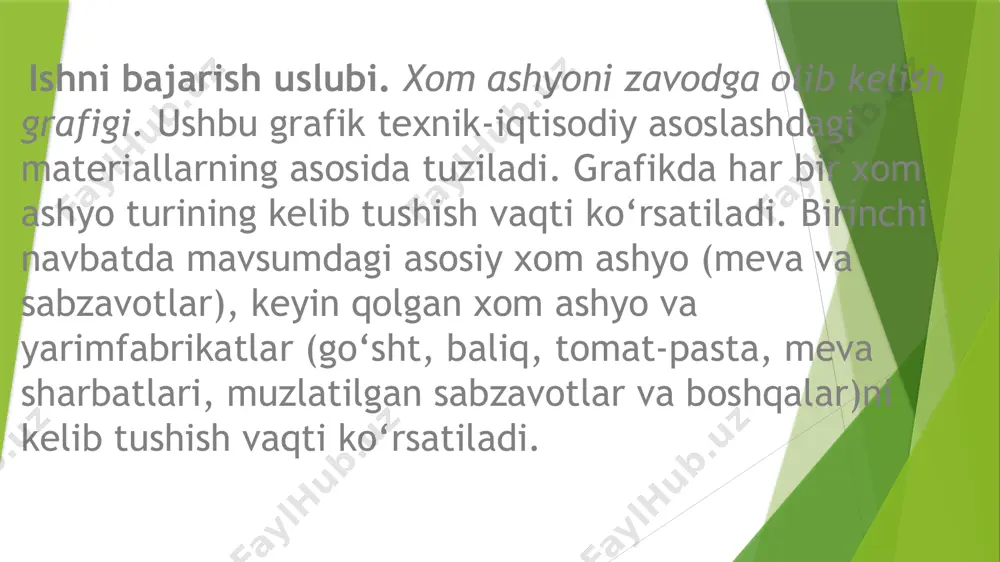 lar jami, smena i ii iii topshiriq: turli xil mahsulotlar uchun xom ashyoni olib kelish grafiklarini tuzish; uning asosida liniyalarning ishlash grafiklari tuziladi. topshiriq: turli xil mahsulotlar uchun xom ashyoni olib kelish grafiklarini tuzish; uning asosida liniyalarning ishlash grafiklari tuziladi. blis-so‘rov: 1.nima maqsadda liniyalarning grafiklari tuziladi? 2.liniyalar grafiklarini tuzishdan maqsad? 3.liniyalar grafiklari qanday tuziladi? 4.liniyalar grafiklari nima asosida tuziladi? 5.xom ashyo olib kelish grafiglarini tuzishdan maqsad. e‘tiboringiz uchun tashakkur! image1.png image2.png /docprops/thumbnail.jpeg
