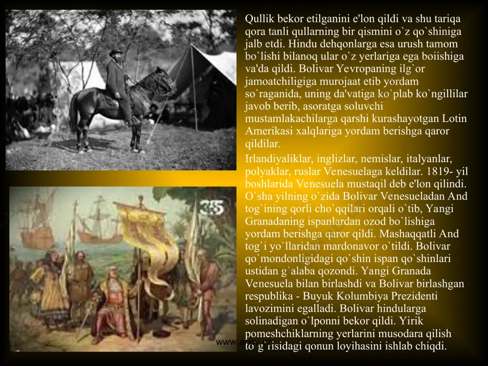 n va portugallarning avlodlari. www.arxiv.uz www.arxiv.uz afrikada mustamlakachilikka qarshi ozodlik kurashi shimoliy afrikada mustamlakachilikning o'rnatilishl afrika qit'asi kattalik jihatidan yevroosiyodan so'ng ikkinchi o'rinni egallaydi. uning umumiy maydoni, yondosh orollarni ham qo'shib hisoblaganda, 30 mln. kv. km. ni tashkil qiladi. butun yil davomida kuydiruvchi oftob, yog'ingarchilik miqdorining ozligi, yirik suv havzalarining mavjud emasligi qit'ada inson yashashi va taraqqiyotning yuksalishini qiyin qilib qo'ygan. afrika hududining 80% ini cho'llar (dunyoda eng yirik hisoblangan sahroi kabir) va o'simliklar siyrak o'suvchi savanna egallagan. liviya sahrosi va kalaxari sahrosi bu o'lik va unumsiz hududlarni to'ldiradi. www.arxiv.uz www.arxiv.uz shu bilan birga qit'aning sohilga yaqin yerlarida savannaga borib ulanuvchi siyrak tropik o'rmonlar mavjud, shimol va janubdagi ayrim ko'kalamzor hududlarda esa daraxtning qimmatbaho turlari o'sadi. bu hududlarga boshqa qit'alardan aholi kelib joylashib, yirik davlat tuzilmalarini tashkil qilgan. afrika shimoliga vii asrdayoq arab xalqlari kelib o'rnasha boshlaganlar, ular pireney yarim oroligacha o'tib borganlar va butun shimoliy afrikani bo'ysundirgan kardov xalifaligini …