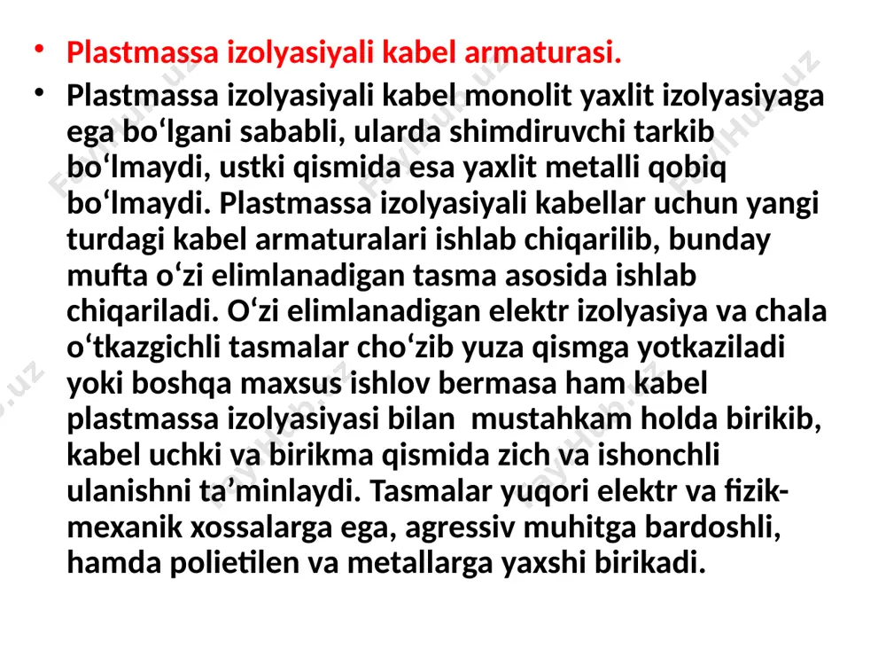 tqiziladigan, kuchlanishi 6 kv gacha kabel sanoatida ishlab chiqariladigan plastmassa izolyatsiyali kabel turlari quyidagi 43-jadvalda keltirilgan.kuchlanishi 0,66 – 6 kv sanoatda qo‘llaniladigan kuchli kabellar to‘rtsimli kabel tok o‘tkazuvchi simning maksimal kesim yuzasi 185 mm2. kuchlanishi 6 kv bo‘lgan barcha turdagi kabellar faqat uchsimli qiyib tayyorlanadi. kabel tok o‘tkazuvchi simning kesim yuzasiga, nominal kuchlanish va izolyatsiya materiali turiga qarab kabel izolyatsiya qalinligi 0,6 – 3,4 mmni tashkil etadi. kuchlanishi 0,6 – 6 kvli zirxlangan kabellar belbog‘ izolyatsiyasining minimal qalinligi 0,9 mmni tashkil etadi. kabellar quyidagi qurilish uzunligida tayyorlanib, yog‘och g‘altaklarga o‘raladi. sim kesim yuzasi 25 – 50 mm2 bo‘lgan kabellar simi yumaloq va sektorli qilib tayyorlanib, bularning ko‘pchilik qismining simi yumaloq shaklda qilinadi. beshta simli kabellar asosan qishloq xo‘jaligi ishlab chiqarishi elektr tarmoqlarida qo‘llaniladi. ular 0,66 kv kuchlanishli, asosan sim kesim yuzasi 50 mm2 qilib tayyorlaniladi ushbu kabellarning barcha texnik xarakteristikalari va ularning ekspluatatsiya hossalari gost 24183–90 da aniqlangan. kabel konstruktsiyasi …