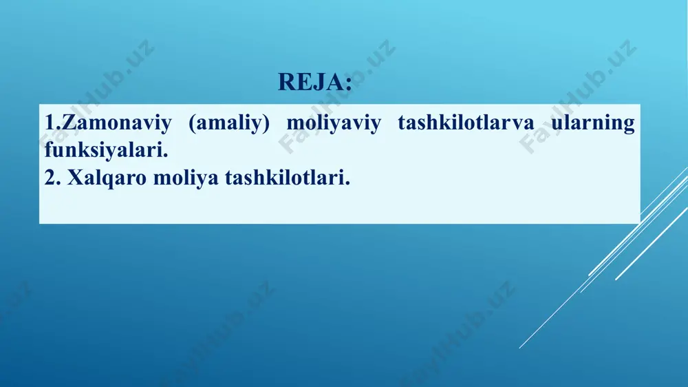 ikasining bank tizimini respublika markaziy banki boshqaradi. o‘zbekiston respublikasining 1995-yil 21-dekabrda “markaziy banki to‘g‘risida”gi qonuni qabul qilindi. 2019-yil 11-noyabrda ushbu qonuni yangi tahriri qabul qilindi. ushnu qonun 11-bob 72-moddadan iborat (https://lex.uz/docs/-4590452). ixtisoslashgan moliyaviy vositachilar bu guruh tashkilotlar iqtisodiy faoliyatning o‘ziga xos turlarini rag‘batlantirish maqsadida tuzilgan korxonalarni o‘z ichiga oladi. ushbu korxonalar faoliyati moliyalashtirish jarayonini yengillashtiradi yoki ular muayyan guruhdagi mijozlarga har xil turdagi qarzga oid instrument (vosita)larni taqdim etadilar. bunga misol tariqasida fermerlar, talabalar, kichik korxonalar, yangi uylarni sotib oluvchilar va boshqalarga qarz beruvchi yoki qarzni kafolatlovchi davlat agentliklarini ko‘rsatish mumkin. davlat tashkilotlarining boshqa guruhi bank omonatlarining sug‘urtasi uchun tashkil etilgan agentliklar sifatida namoyon bo‘ladi. ularning asosiy funksiyasi moliyaviy tizimning barcha qismida yoxud uning qaysidir bir qismida iqtisodiy inqirozlarning oldini olish orqali iqtisodiy barqarorlikka ko‘maklashishdan iborat. bu rejada eng yomon ssenariy bank sarosimasi hisoblanadi. omonat-chilar, agar pullarining ishonchli joyda turganligi va istagan paytda ularni qaytarib olishlariga ishonishsa, o‘z omonatlarini banklarda …